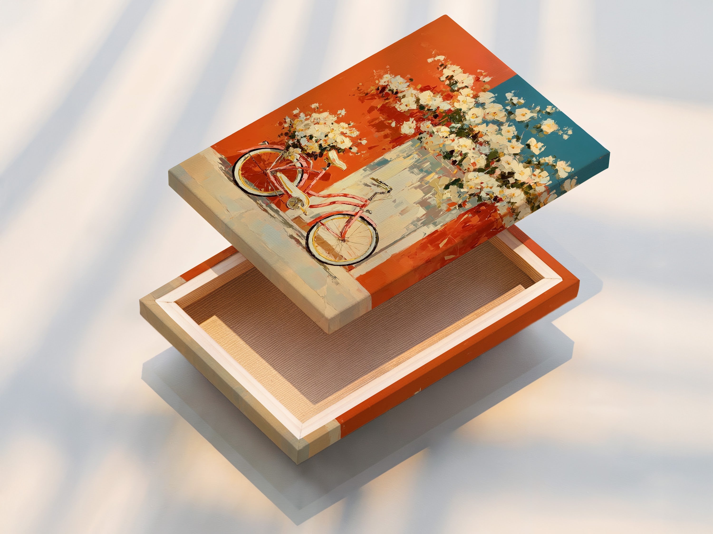 A stretched canvas print of vintage bicycle artwork. The artwork features floral accents in coral and teal. This retro poster is perfect for adding mid-century style to any kitchen or living room. The stretched canvas provides a gallery-ready look. Enhance your home decor with this distinctive piece.