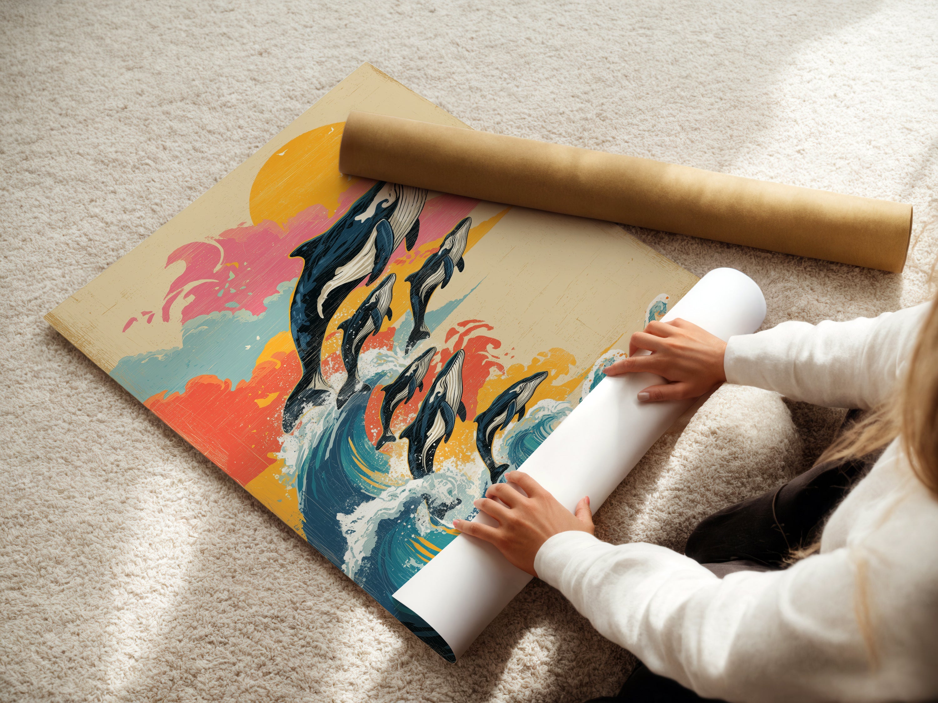 Woman carefully rolling a fine art poster paper. The paper features whale ocean artwork with a vintage marine . Ready for framing or display. High-quality printing ensures vibrant colors and sharp details. Perfect for coastal wall decor.