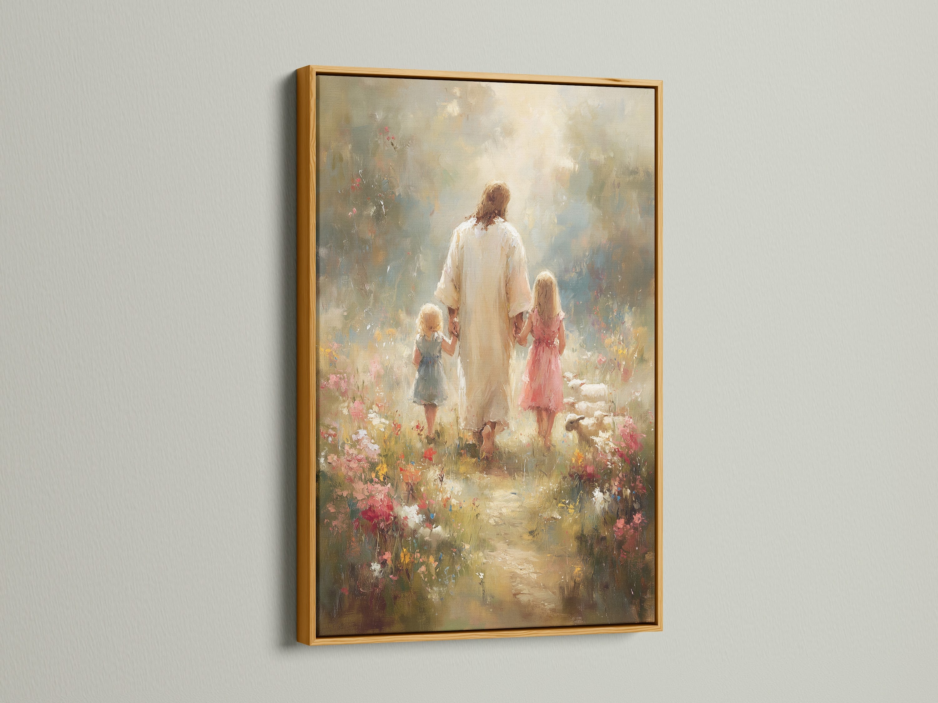 Artwork featuring a luxurious gold frame on a wall. The art portrays Jesus Christ leading two girls through a colorful garden. The gold frame adds a touch of elegance and opulence. Find the perfect frame today.