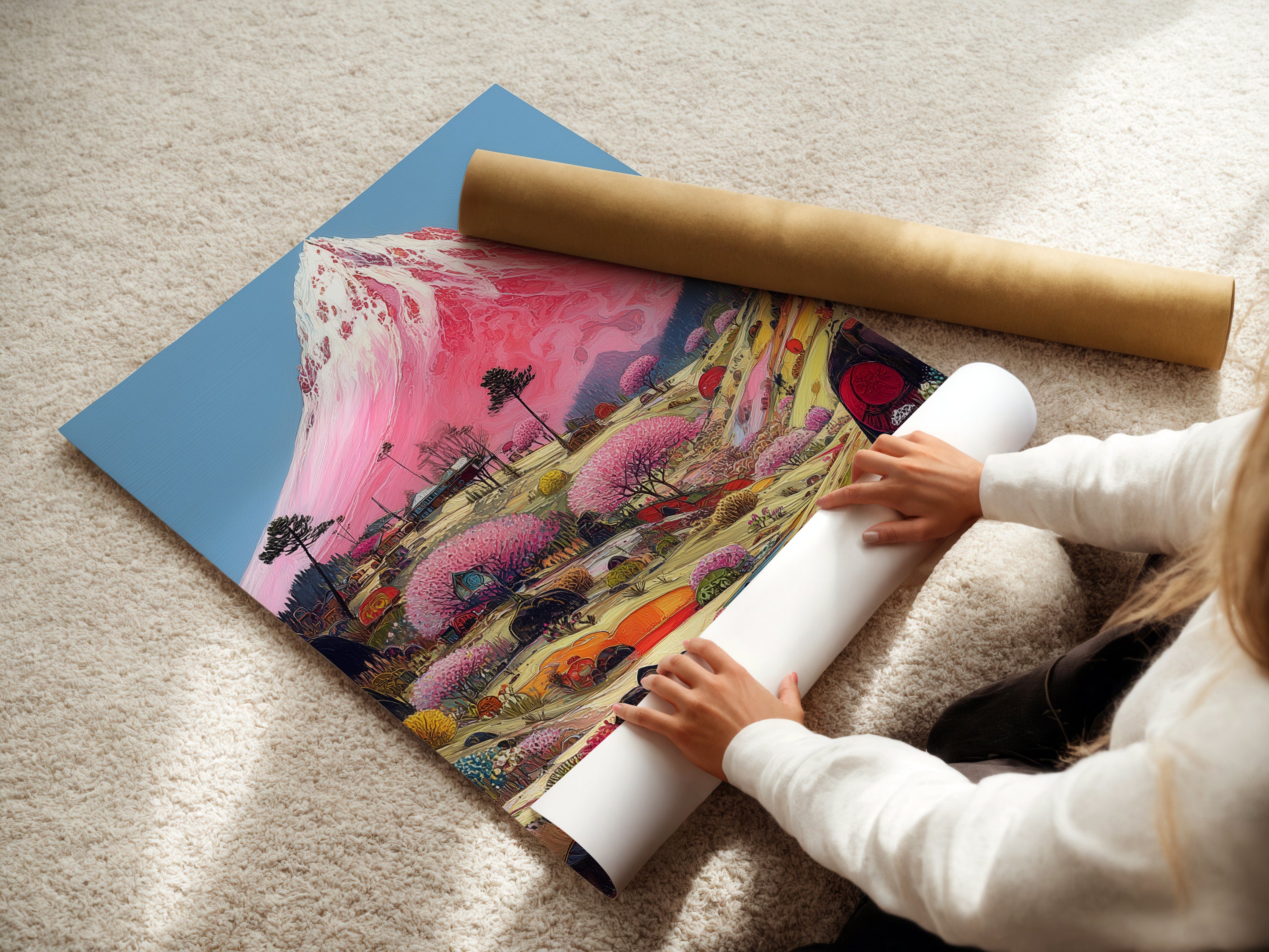 A woman carefully rolls a fine art poster paper featuring Mount Fuji. Ensuring quality and protection for your Japanese print. Fine art poster paper brings out the best in Asian landscape art. Perfect for art enthusiasts.