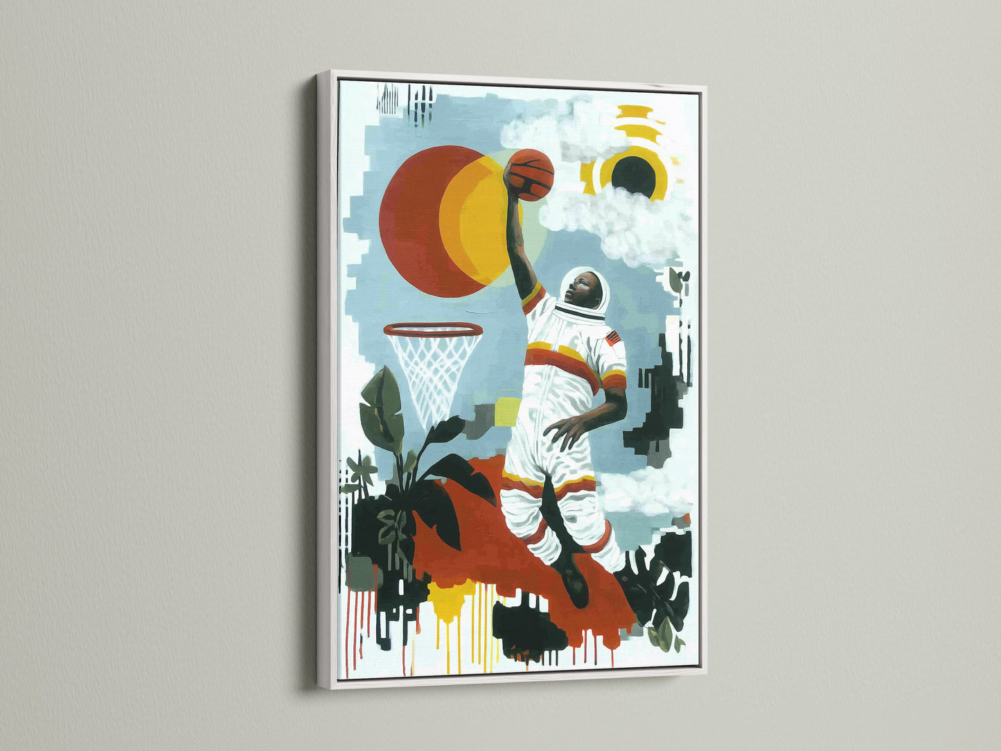 Enhance your space with this basketball astronaut art in a white frame. A retro touch to your sports themed decor. Ideal for game rooms studios or dorm rooms. This canvas print adds a pop of color and style.