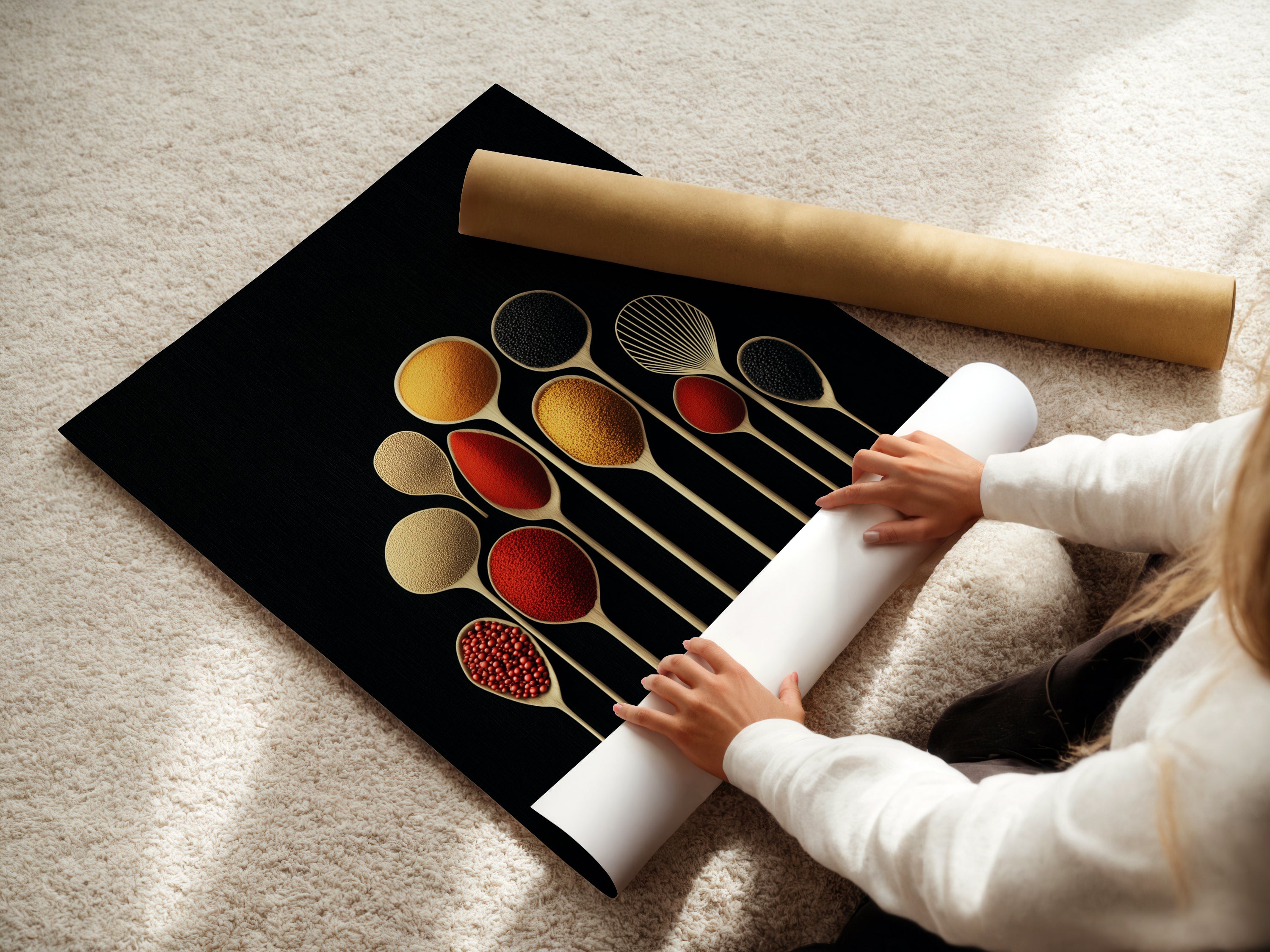 A woman carefully rolling a fine art poster paper of Spice Spoons artwork. Ensuring it is ready for display. This showcases the quality of the print perfect for kitchen or dining decor.