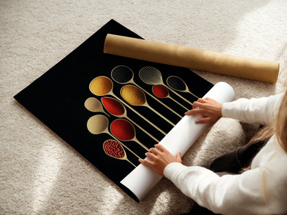 A woman carefully rolling a fine art poster paper of Spice Spoons artwork. Ensuring it is ready for display. This showcases the quality of the print perfect for kitchen or dining decor.