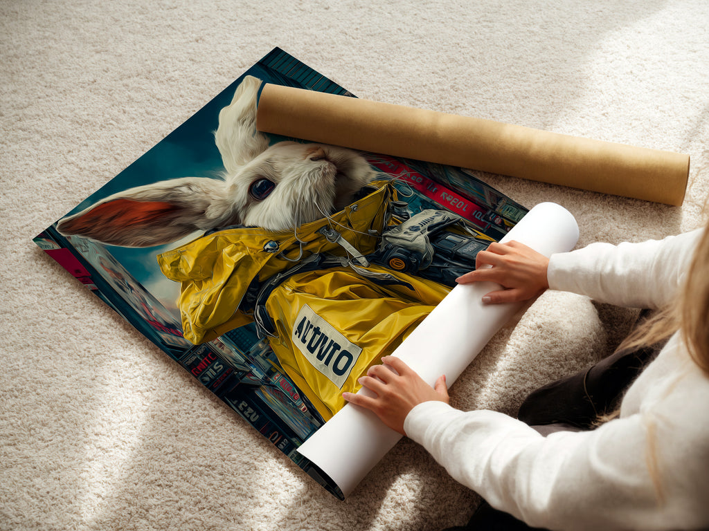 A woman is shown rolling fine art poster paper. This paper is used for cyberpunk rabbit art prints. The fine art paper ensures high quality reproduction. It is ideal for modern spaces or urban themed homes. Order your rabbit wall art on premium fine art paper today. It is great for modern office decor.