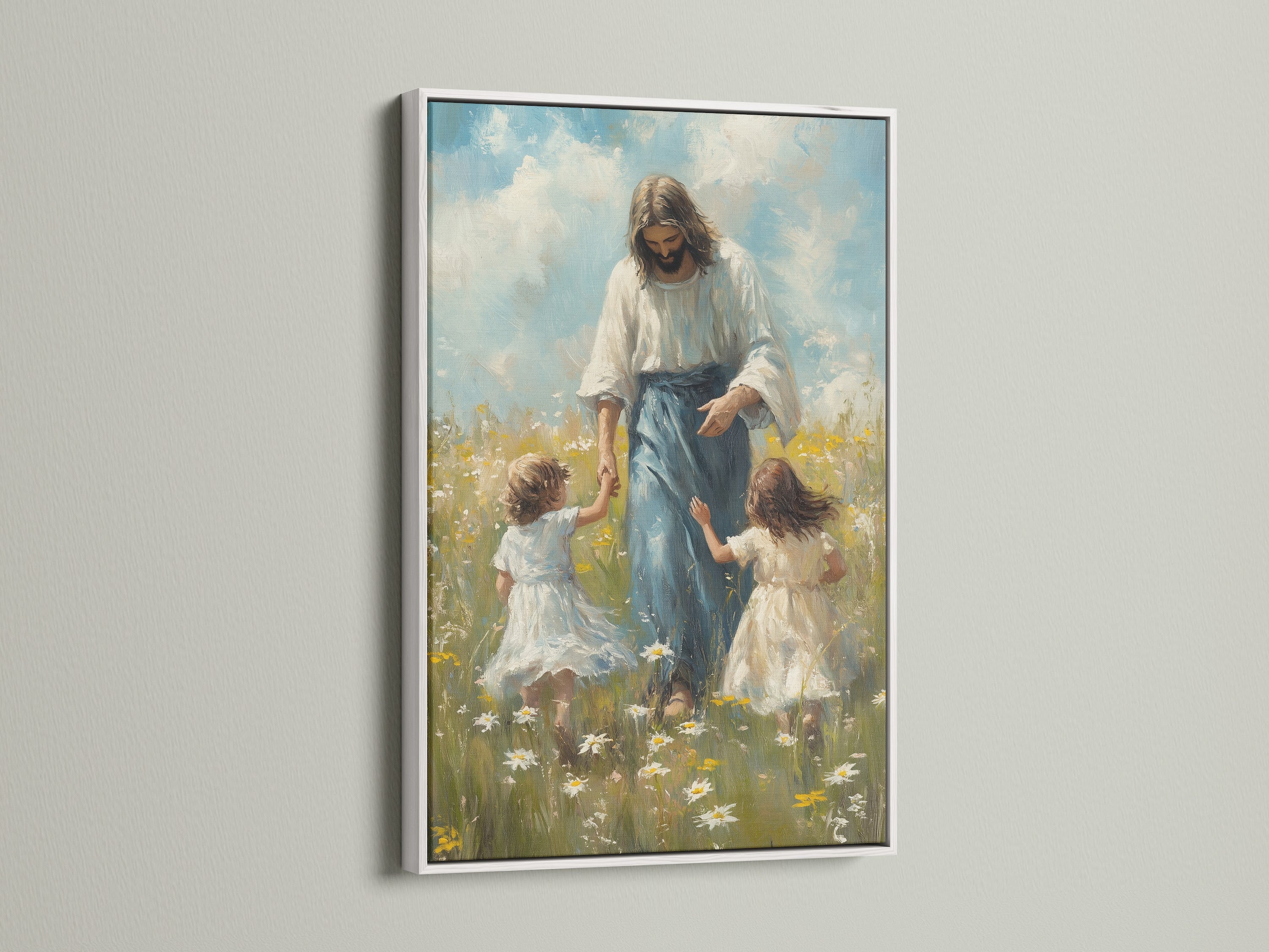 This artwork is encased in a white frame. The art features Jesus Christ and two girls among daisies. The white frame offers a clean and modern look. It allows the colors of the artwork to stand out. It brightens any room.
