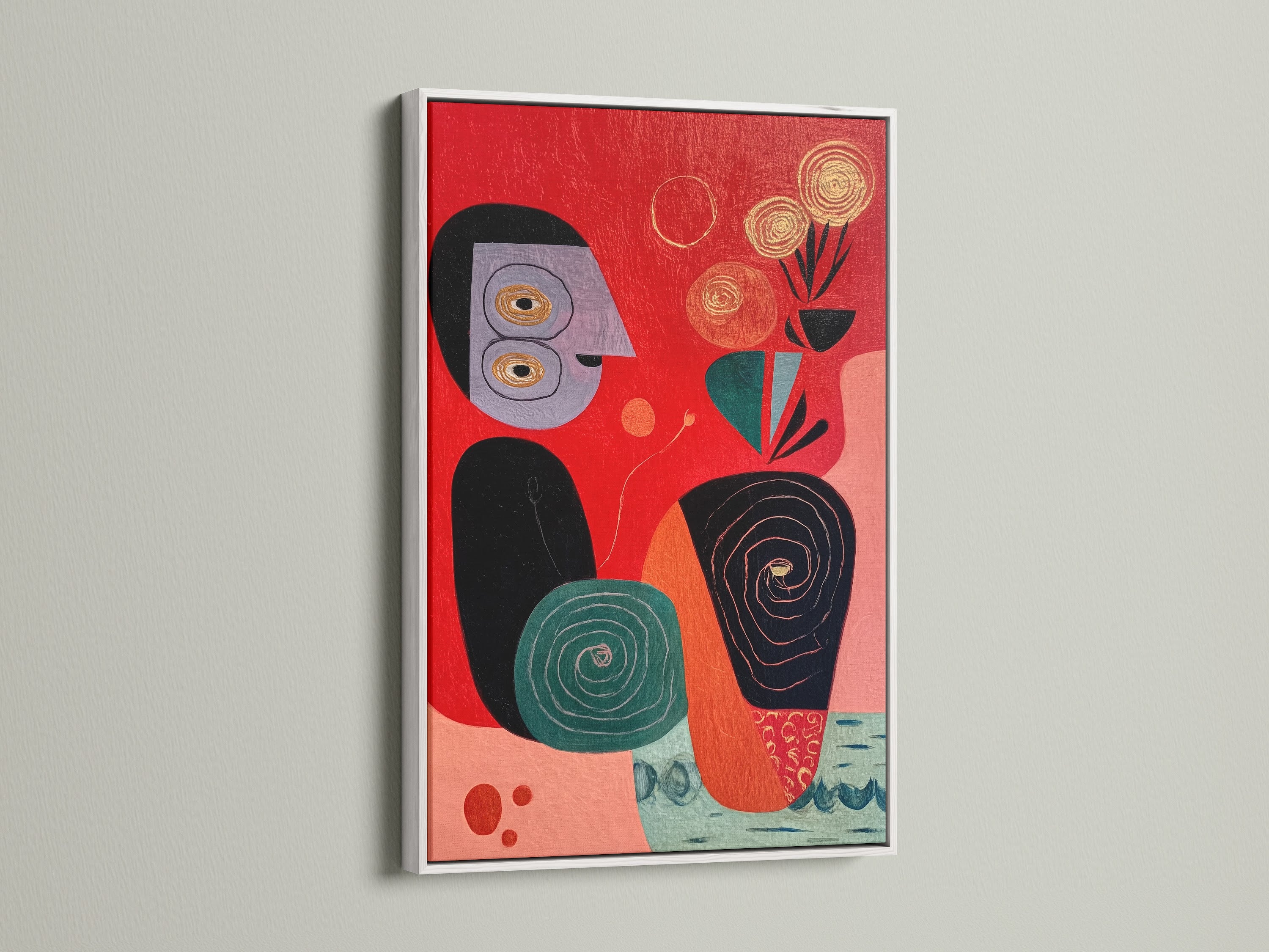 This striking abstract folk art is showcased in a white frame. The colorful red artwork includes teal and black elements. Ideal for adding a touch of modern art to your dining room. Explore our framed art options today.