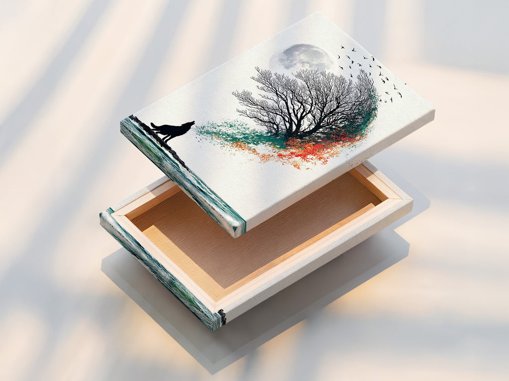 Stretched canvas print of a wolf howling at the moon. Coastal tree artwork adds a serene touch to any room. This canvas print is ready to hang. Perfect for home or office decor.