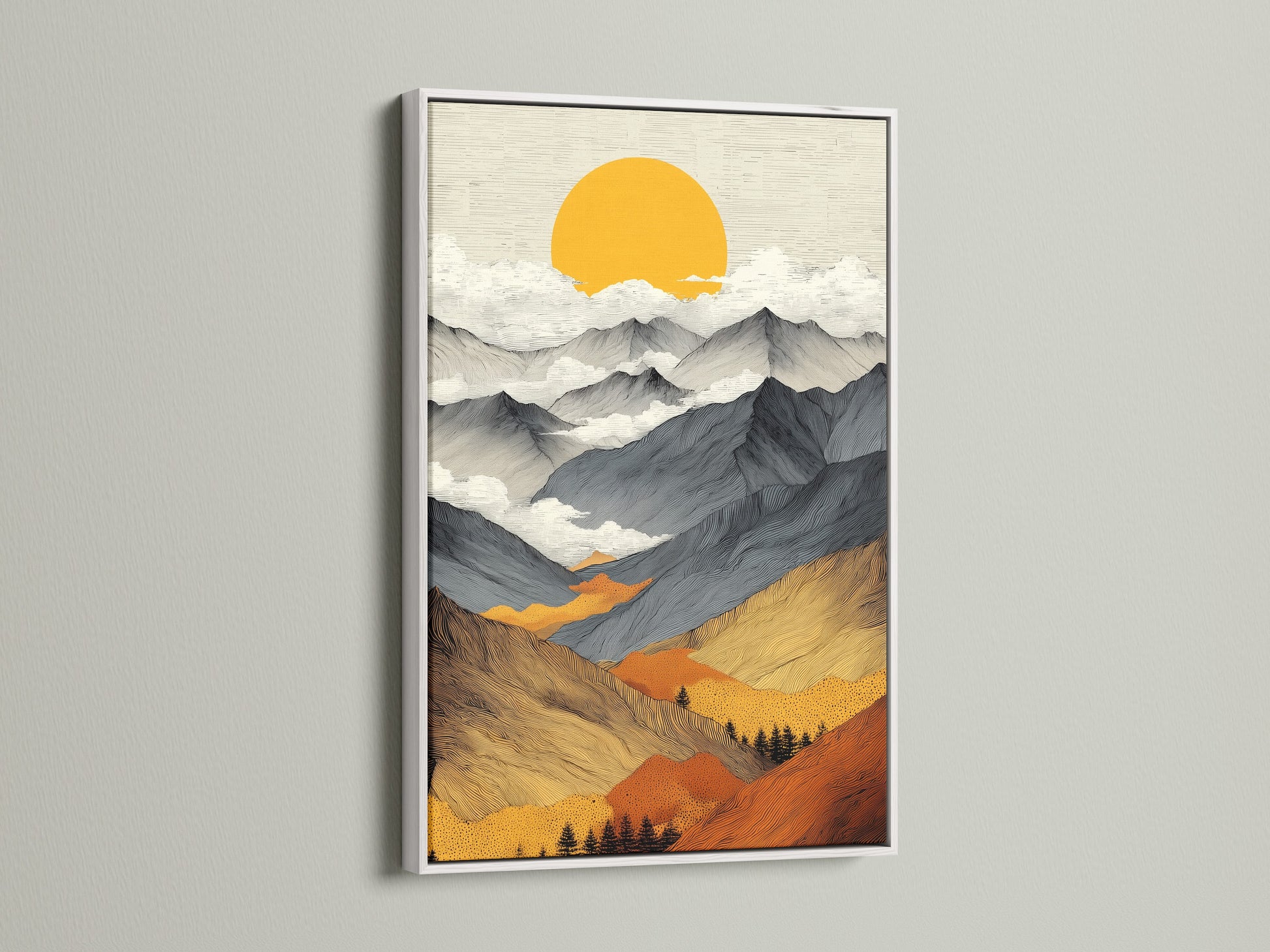 The mountain sunrise canvas artwork is showcased in a white frame. This abstract landscape art brightens any space. The golden sun poster creates a calming atmosphere. A nature wall art piece perfect for bedroom decor. The white frame enhances the artwork's earth tones. Minimalist wall decor for any interior.