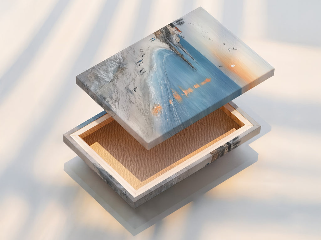 A stretched canvas print of coastal wall art. The beach canvas art is ready to hang. The ocean sunset print is vibrant and detailed. Seaside landscape artwork for instant display. Perfect for adding a coastal vibe to any room. Enjoy this ocean view art.