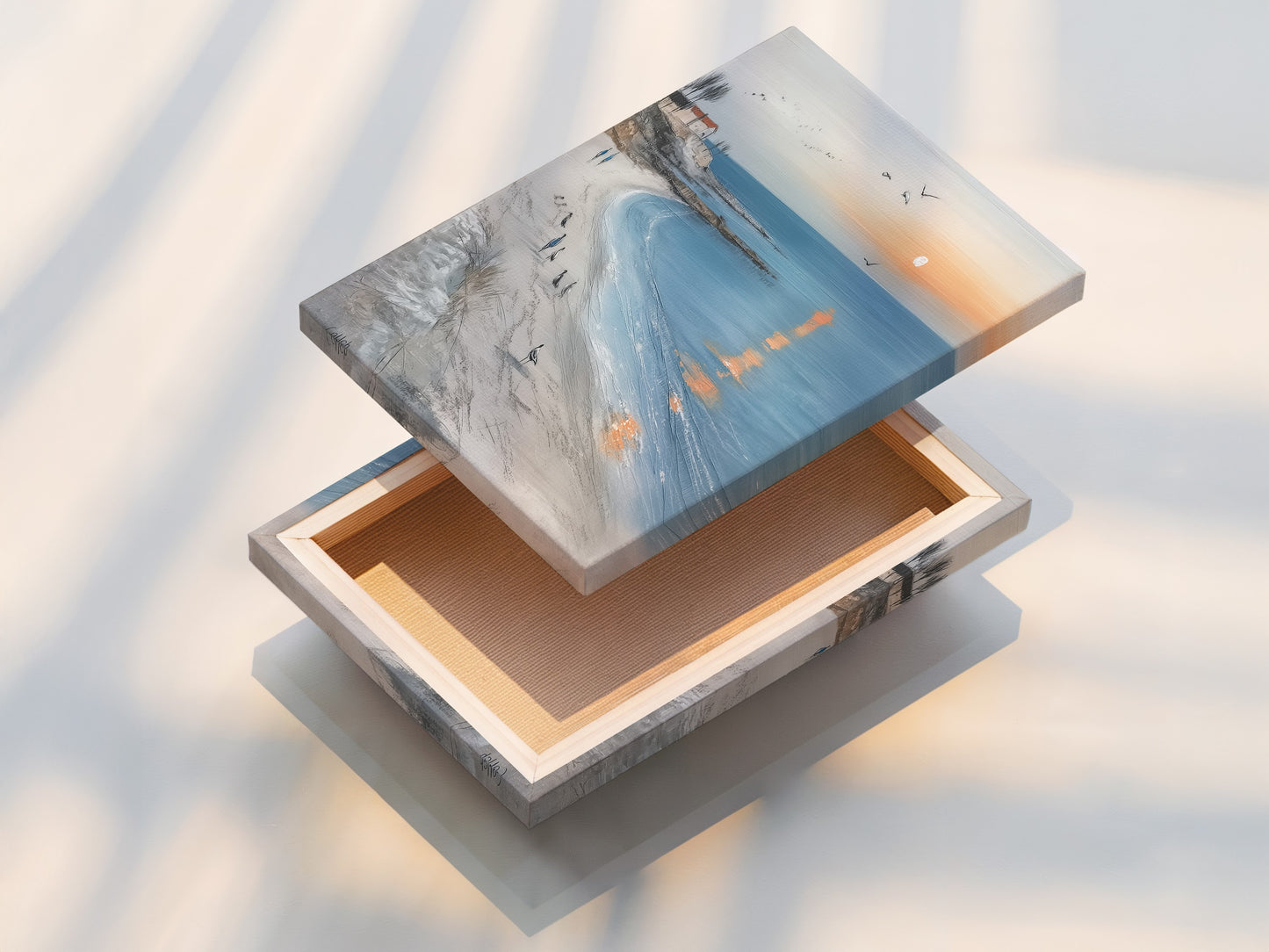 A stretched canvas print of coastal wall art. The beach canvas art is ready to hang. The ocean sunset print is vibrant and detailed. Seaside landscape artwork for instant display. Perfect for adding a coastal vibe to any room. Enjoy this ocean view art.