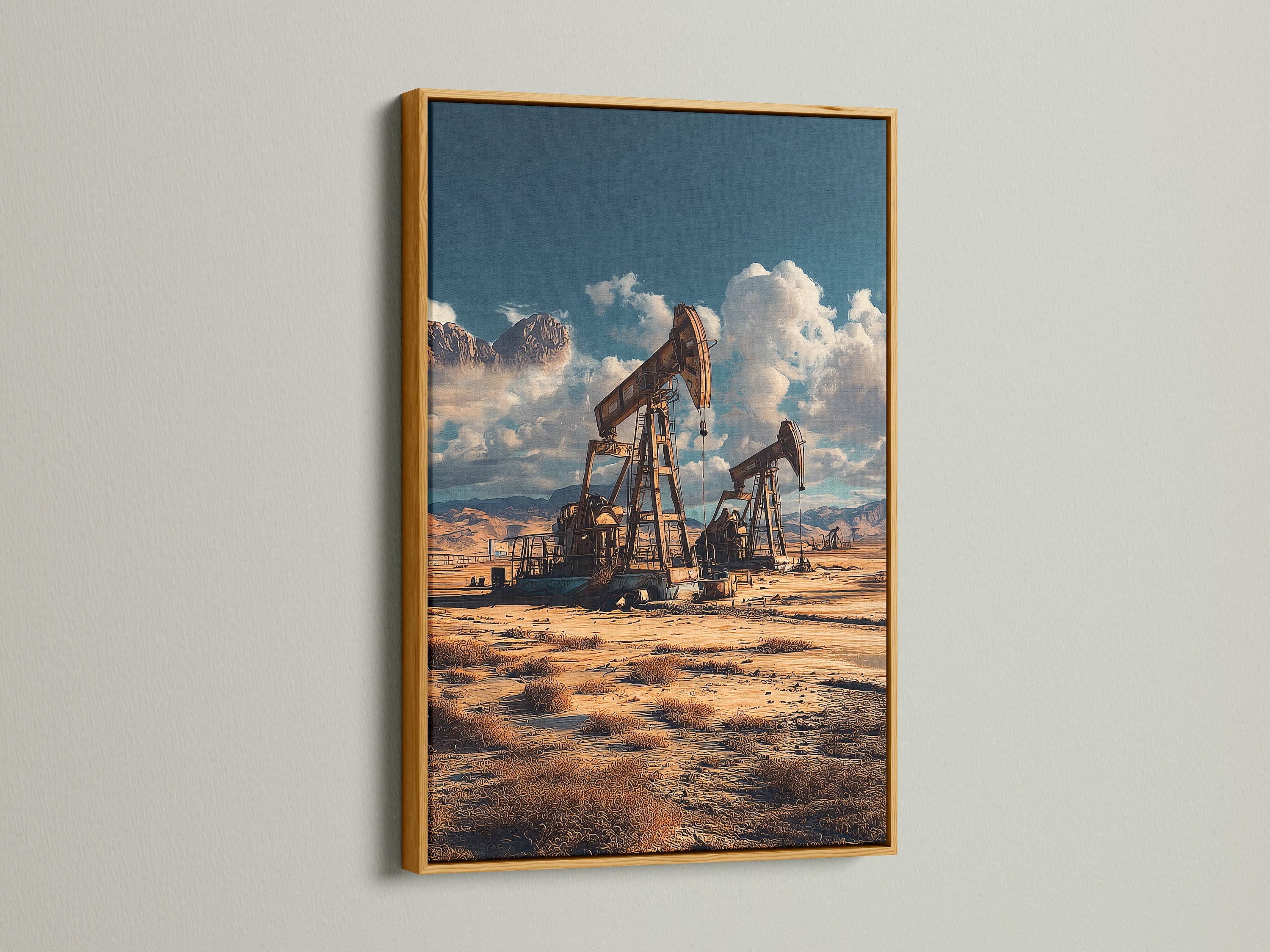 Oil Derrick Art in a gold frame. This vintage industrial artwork adds a touch of elegance. The steampunk desert landscape is ideal for a library or study. The canvas print enriches masculine and themed spaces.