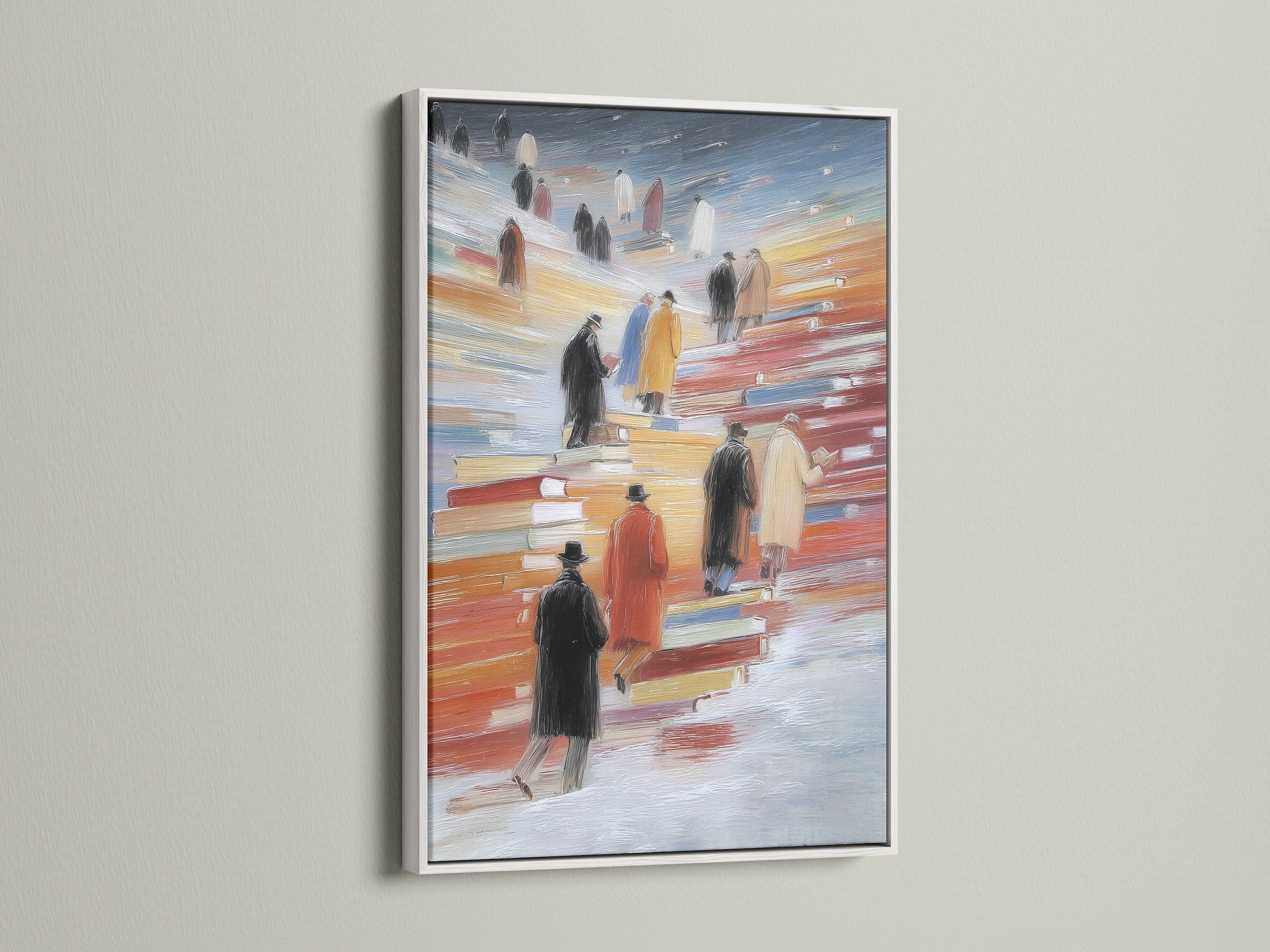 Figures on Books canvas print showcased in a white frame. This abstract people wall art adds a clean modern touch. The artwork is perfect for a minimalist or contemporary space. Enhance your study room today.