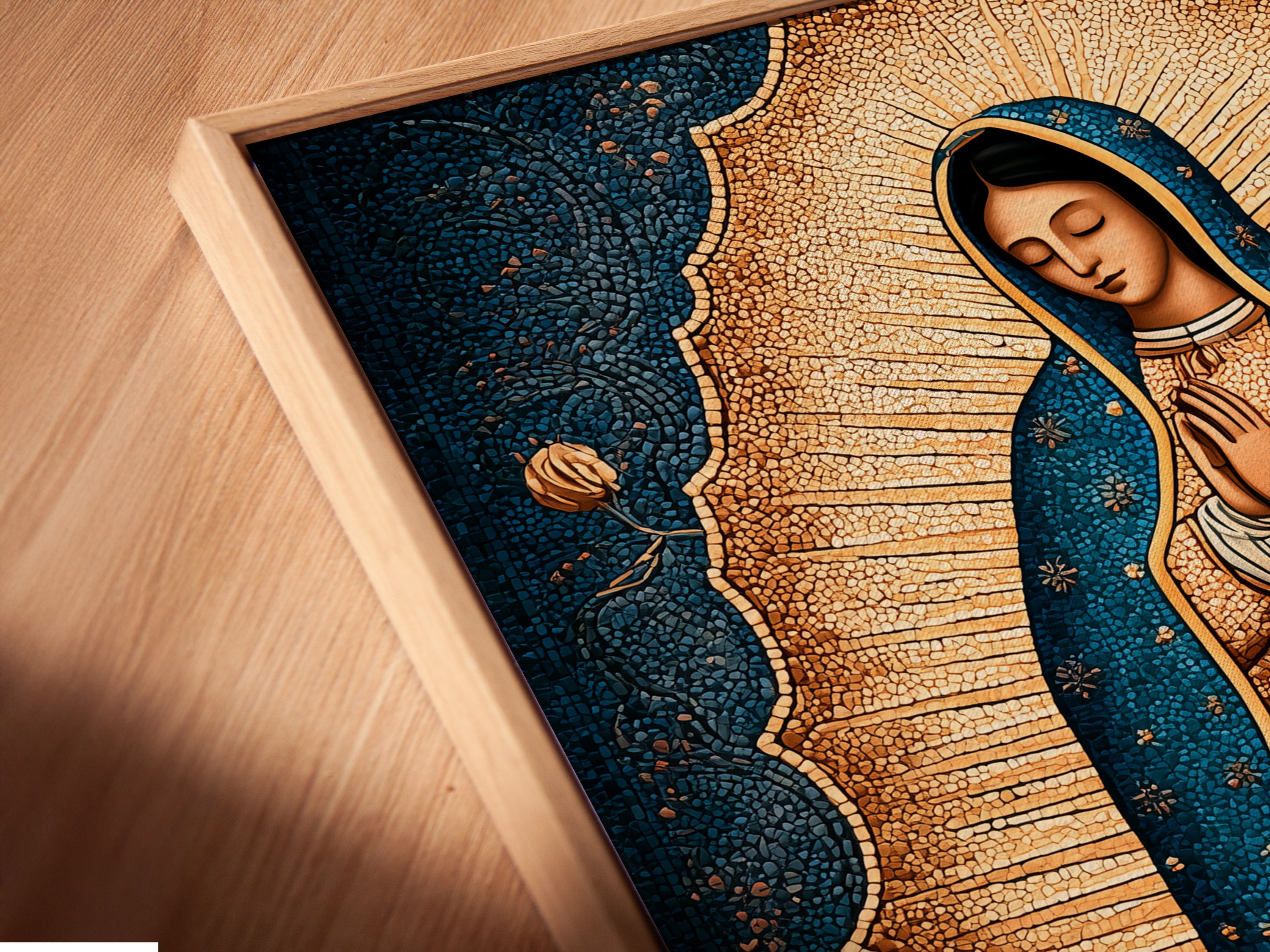 A close-up angle reveals a canvas print of Our Lady of Guadalupe in a floating frame. This modern display enhances the religious decor. The Virgin Mary art is perfect for any space. Explore this unique way to showcase Catholic wall art.