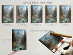 Available options for the mountain river art print. Choose between a stretched canvas print fine art poster paper or a floating frame. Customize your alpine landscape wall art to match your style. Enjoy nature photography in your home.