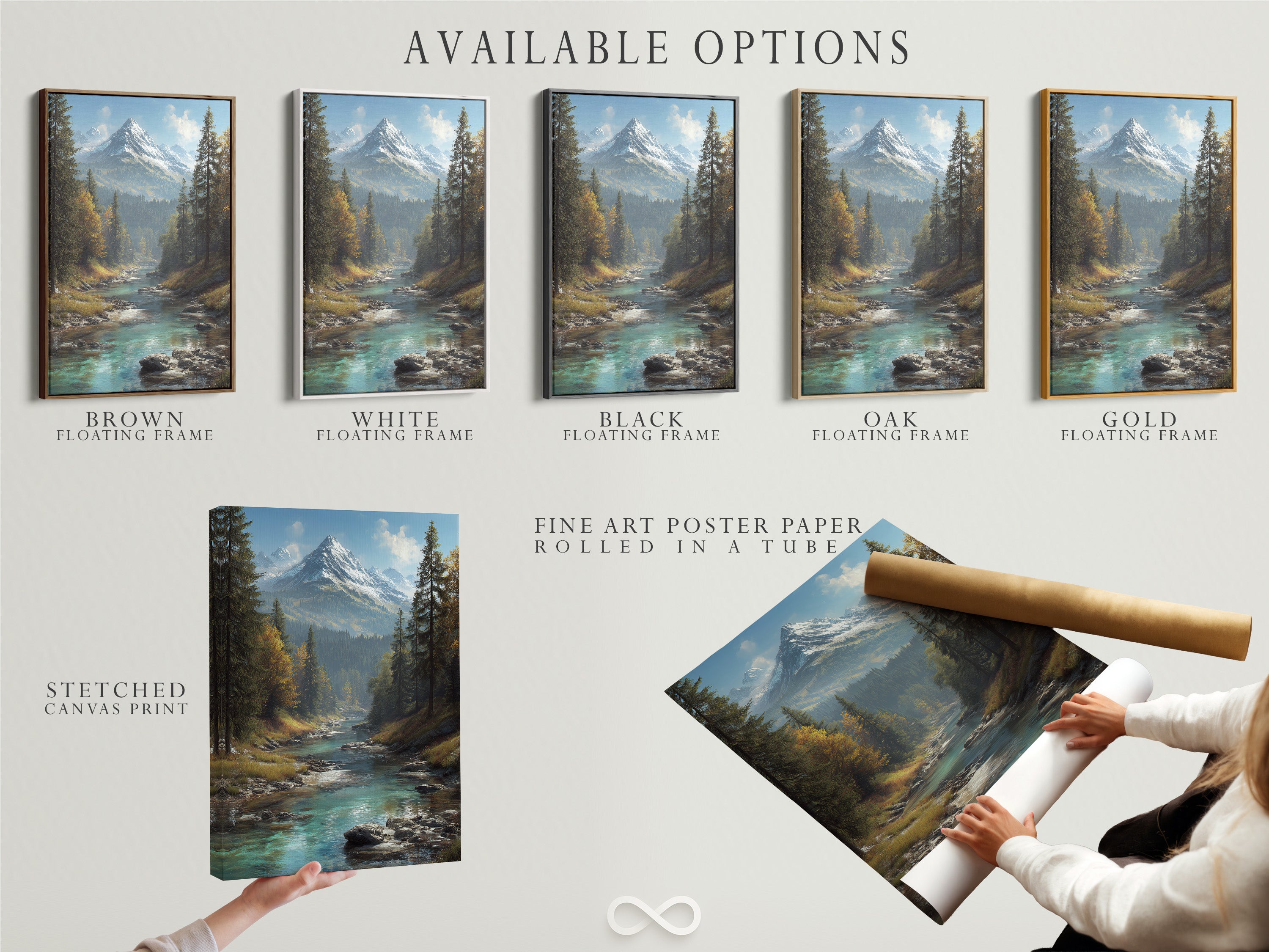 Available options for the mountain river art print. Choose between a stretched canvas print fine art poster paper or a floating frame. Customize your alpine landscape wall art to match your style. Enjoy nature photography in your home.