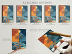 Available options include a stretched canvas print fine art poster paper and floating frame. Customize your surreal tree art to match your style. The orange and blue abstract artwork is perfect for any space. Enhance your home or office decor today.