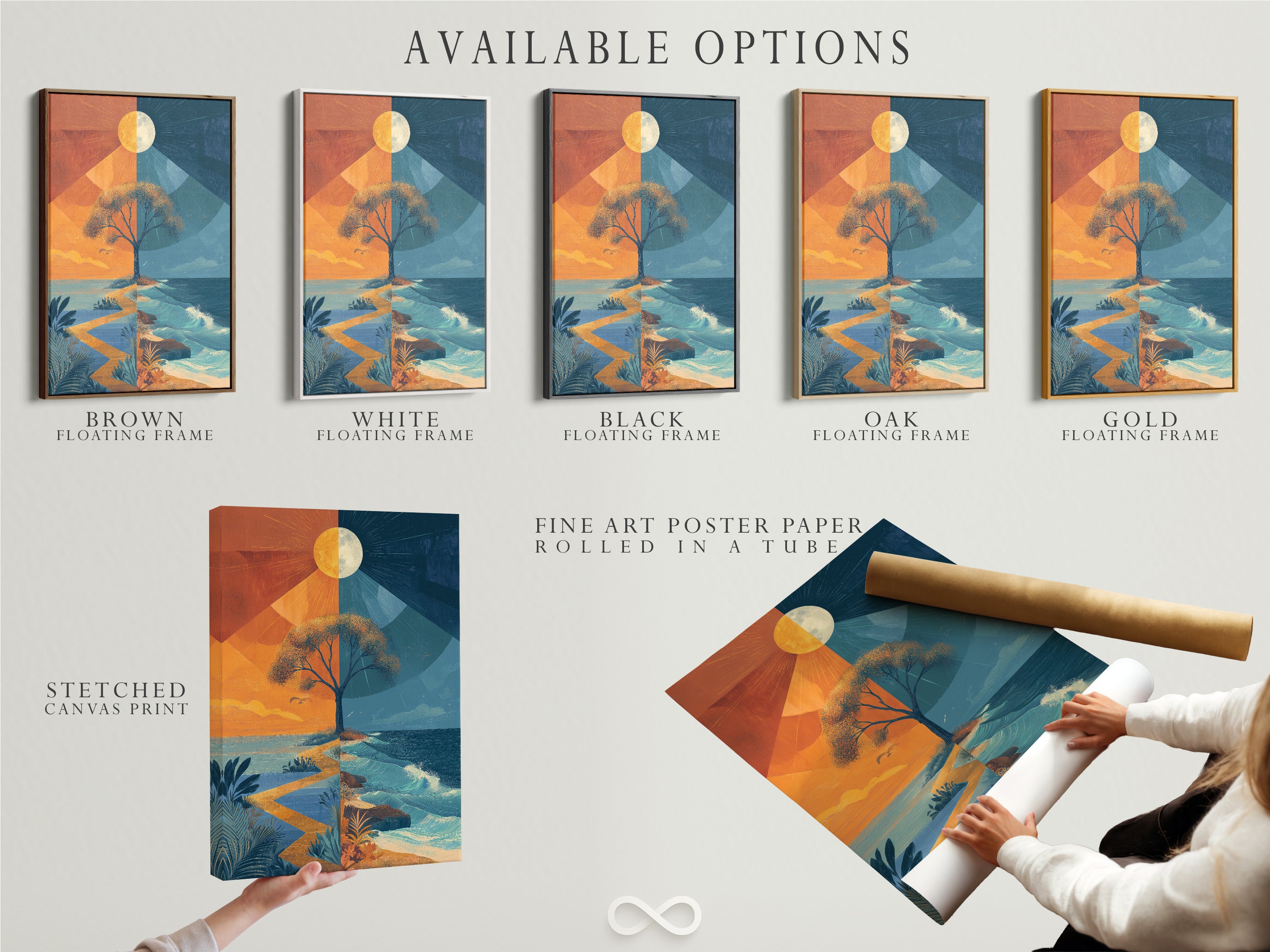 Available options include a stretched canvas print fine art poster paper and floating frame. Customize your surreal tree art to match your style. The orange and blue abstract artwork is perfect for any space. Enhance your home or office decor today.
