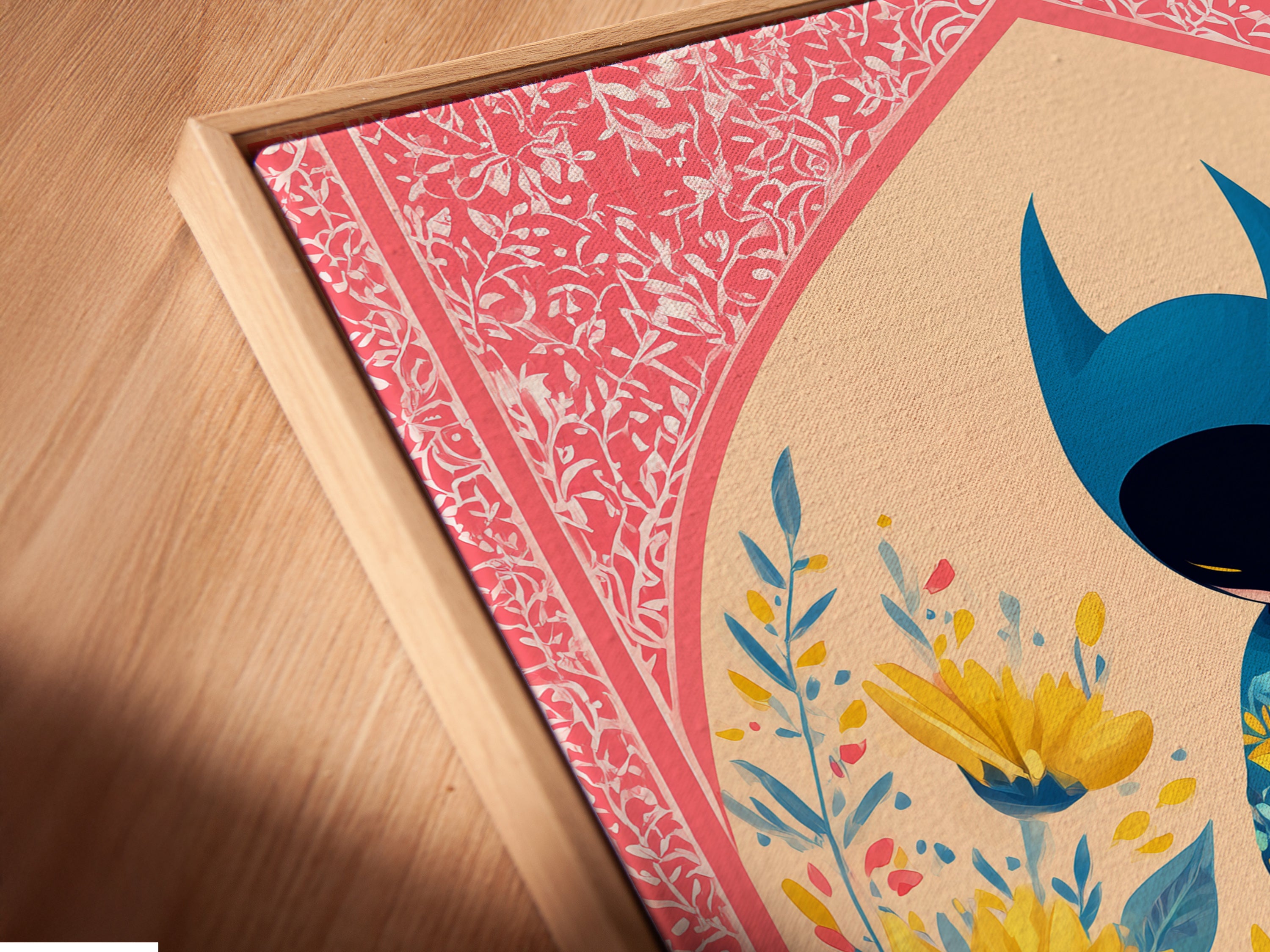 A close-up of a superhero canvas print in a floating frame. The art features folk art with floral elements. This unique artwork adds a whimsical touch. This is a colorful art piece perfect for kids. The artwork includes sunflowers and a hero canvas.