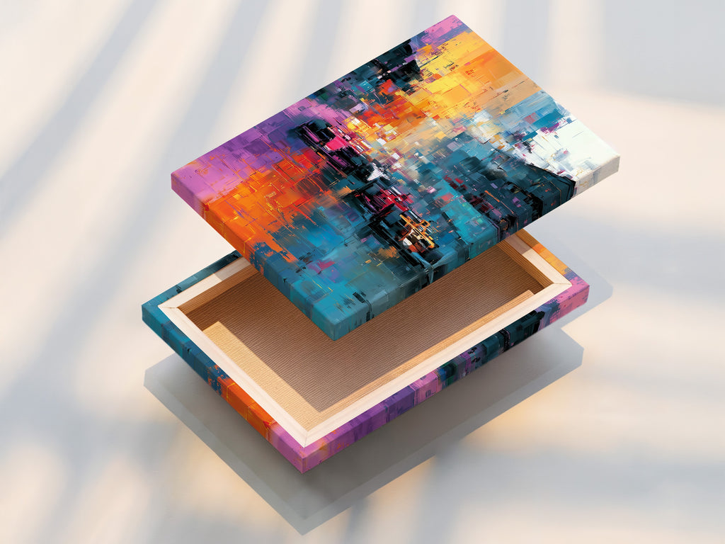 This is a stretched canvas print featuring abstract race car artwork. The canvas is stretched perfectly. This ensures a smooth and professional finish. The print is ready to hang. The artwork will enhance your space.