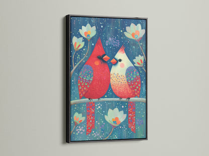 A black frame highlights this cardinal bird canvas. The botanical art print is a stylish addition to any space. This whimsical bird artwork is perfect for nursery decor. It is also a great gift for bird watching enthusiasts. Enjoy this cute bird decor.
