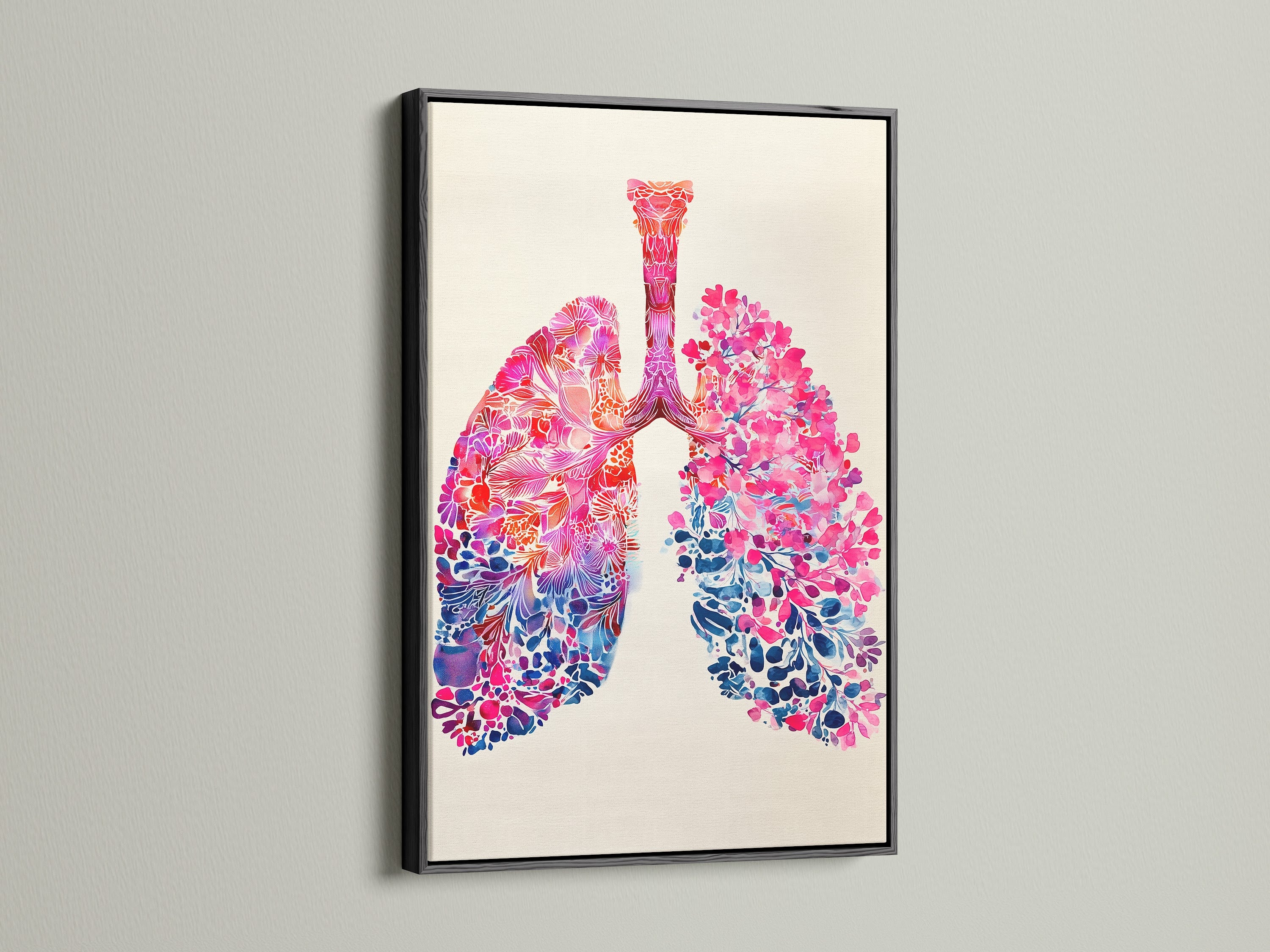 A black frame encases this lung artwork. The black frame offers a bold and classic touch. It creates a striking contrast and enhances the artwork's visual impact on the wall.