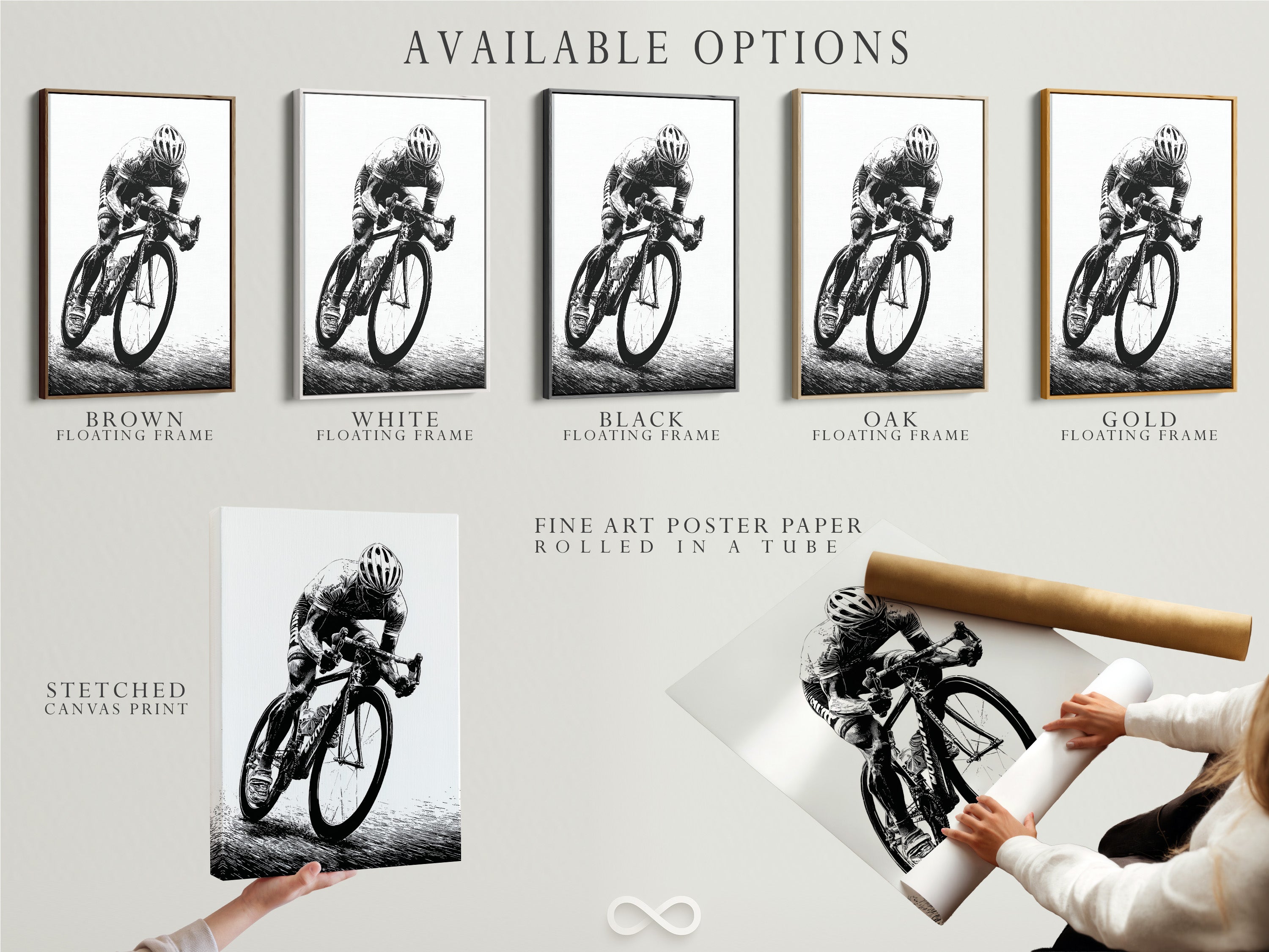 Available options for cycling art prints. Choose from stretched canvas prints fine art poster paper or floating frames. Perfect for sports wall decor and cyclist artwork. Find the ideal style for your space.