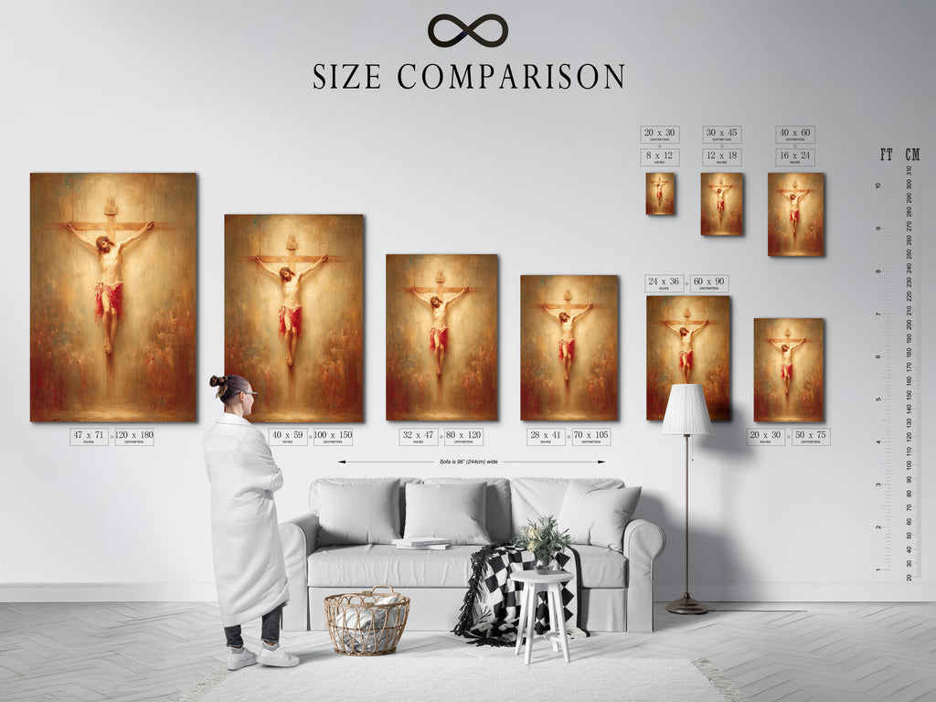 A size comparison chart is shown in an interior setting. The chart helps visualize different artwork sizes. See how each size fits within a room. Make the perfect choice for your space. This chart assists in selecting the ideal artwork dimensions. Plan your art display with confidence using our size guide.
