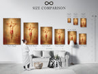 A size comparison chart is shown in an interior setting. The chart helps visualize different artwork sizes. See how each size fits within a room. Make the perfect choice for your space. This chart assists in selecting the ideal artwork dimensions. Plan your art display with confidence using our size guide.