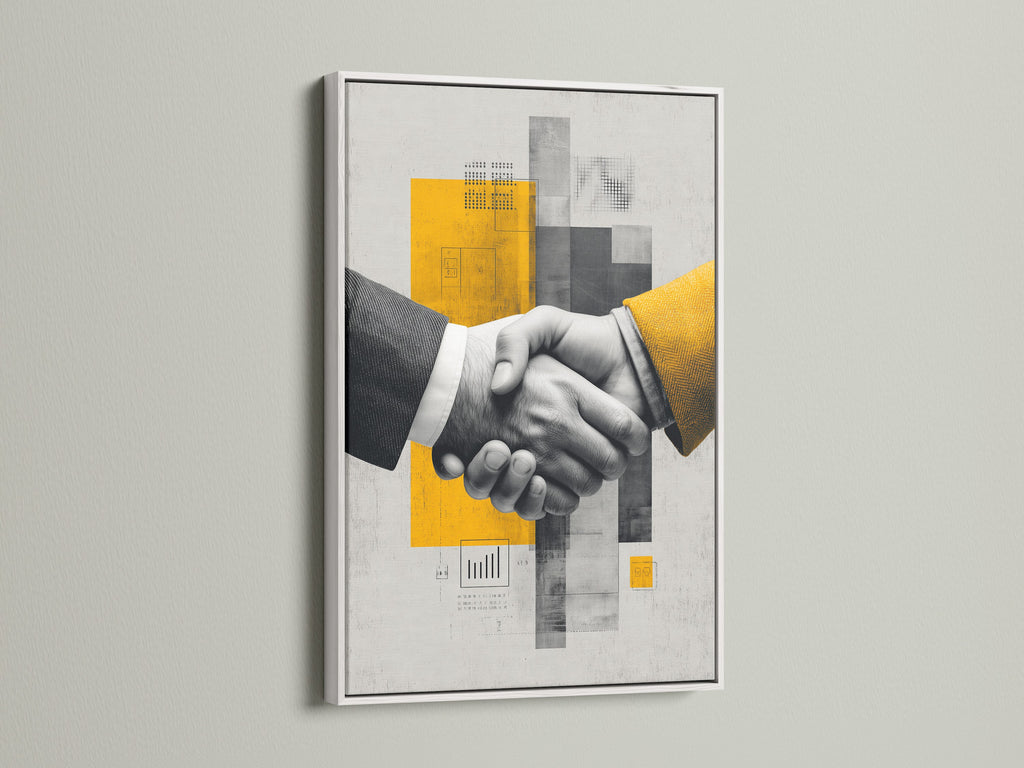Business Handshake Art Print displayed in a white frame. The piece is a modern corporate artwork with yellow accents. It is an ideal choice for office wall decor. This handshake print symbolizes partnership and success.