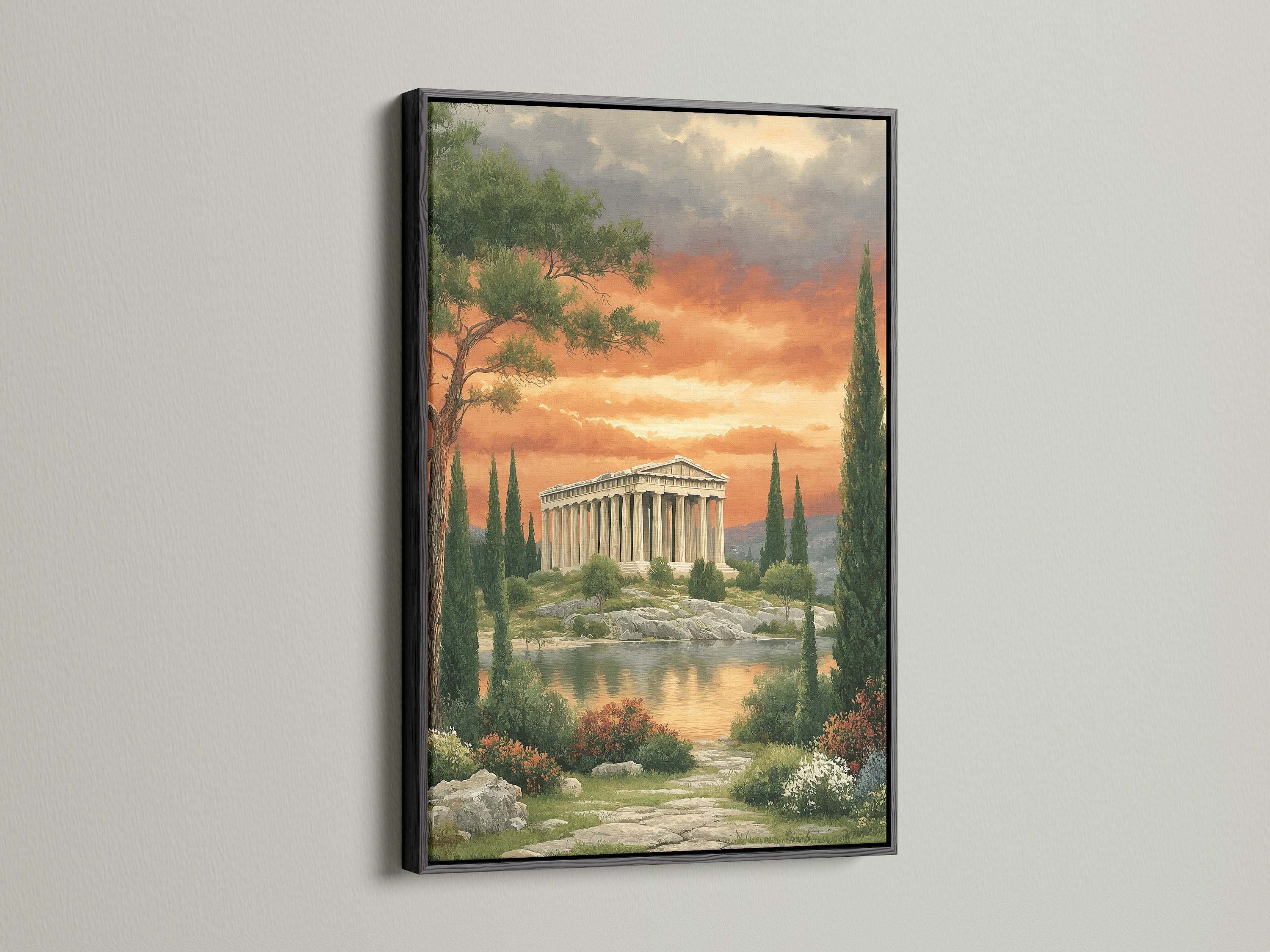 Greek Temple canvas print in a black frame. The artwork offers a modern touch to a classical scene. This Parthenon print is great for contemporary spaces. Add a sophisticated look to your home or office. This ancient Greece art is perfect for any wall. Consider this artwork for your home.