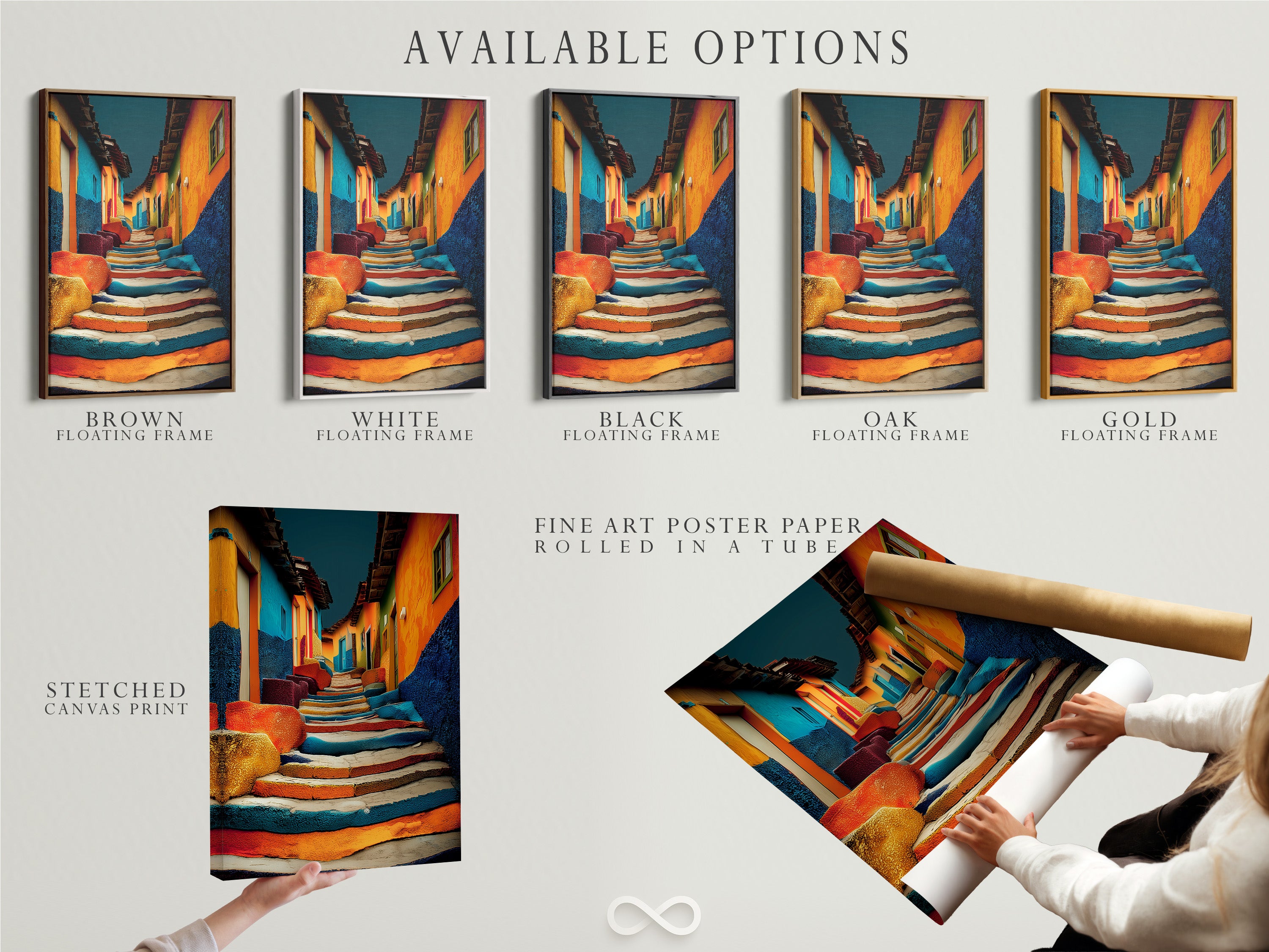 This image showcases the available options for artwork. Options include a stretched canvas print a fine art poster paper and a floating frame. Each option offers a unique way to display your artwork. Choose the one that best fits your style. Enhance your space with these versatile options.