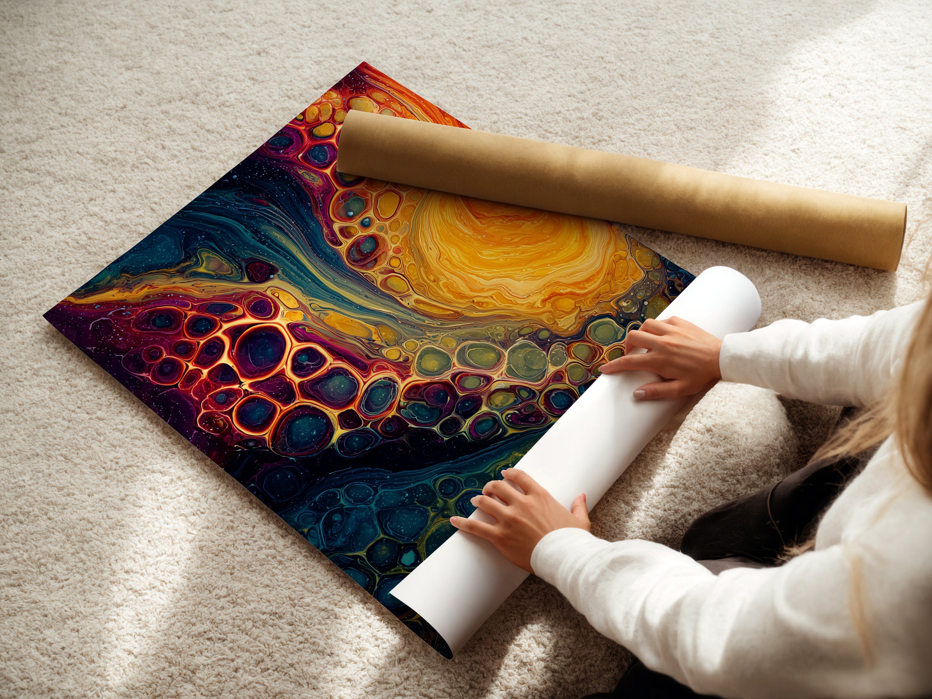 A woman carefully rolls a fine art poster paper. She is preparing the artwork for framing or display. The fine art paper ensures high-quality reproduction. This step preserves the artwork's integrity. The act of rolling protects the delicate surface of the paper. Professional handling ensures a flawless presentation.