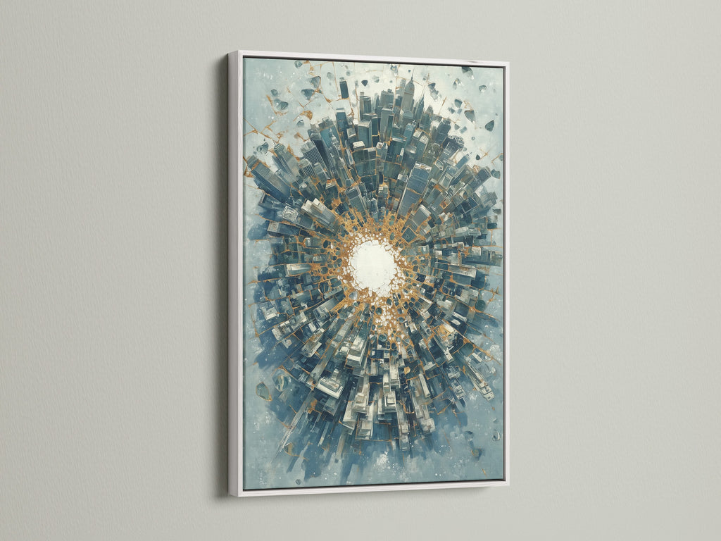 Abstract cityscape artwork in a white frame. This modern art piece features an urban skyline. The blue and gold colors create a striking contrast. The white frame complements the artwork. Perfect for adding a contemporary touch to any room.