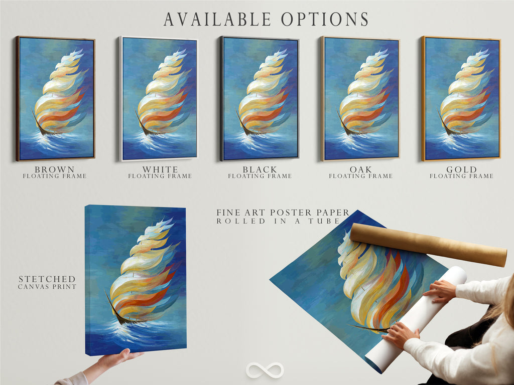 Available options include a stretched canvas print a fine art poster paper and a floating frame. Each option showcases abstract sailboat artwork. Customize your coastal wall decor to your preferences. Select the perfect medium and frame for your nautical print. Enhance your space with ocean-themed artwork.