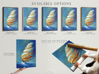 Available options include a stretched canvas print a fine art poster paper and a floating frame. Each option showcases abstract sailboat artwork. Customize your coastal wall decor to your preferences. Select the perfect medium and frame for your nautical print. Enhance your space with ocean-themed artwork.