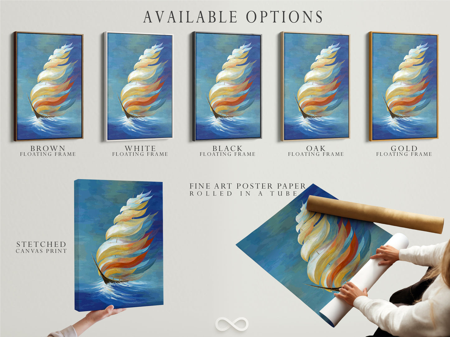 Available options include a stretched canvas print a fine art poster paper and a floating frame. Each option showcases abstract sailboat artwork. Customize your coastal wall decor to your preferences. Select the perfect medium and frame for your nautical print. Enhance your space with ocean-themed artwork.