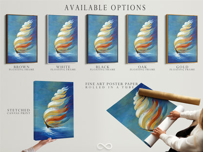 Available options include a stretched canvas print a fine art poster paper and a floating frame. Each option showcases abstract sailboat artwork. Customize your coastal wall decor to your preferences. Select the perfect medium and frame for your nautical print. Enhance your space with ocean-themed artwork.