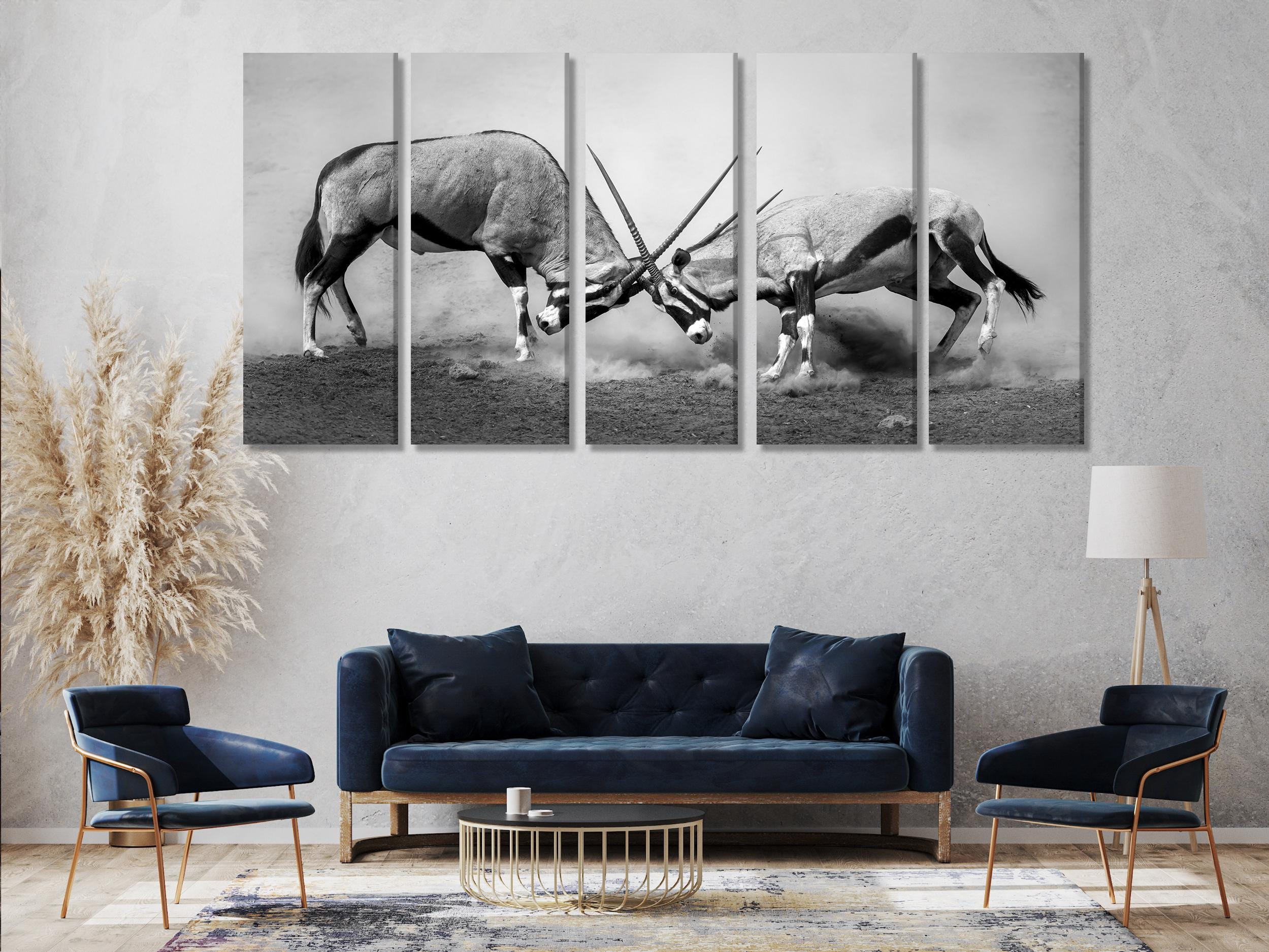 Large Black and White Gemsbok Canvas Print, African Wildlife Wall Art, Fighting Gemsbok Artwork, Oversized Nature Canvas for Modern Decor