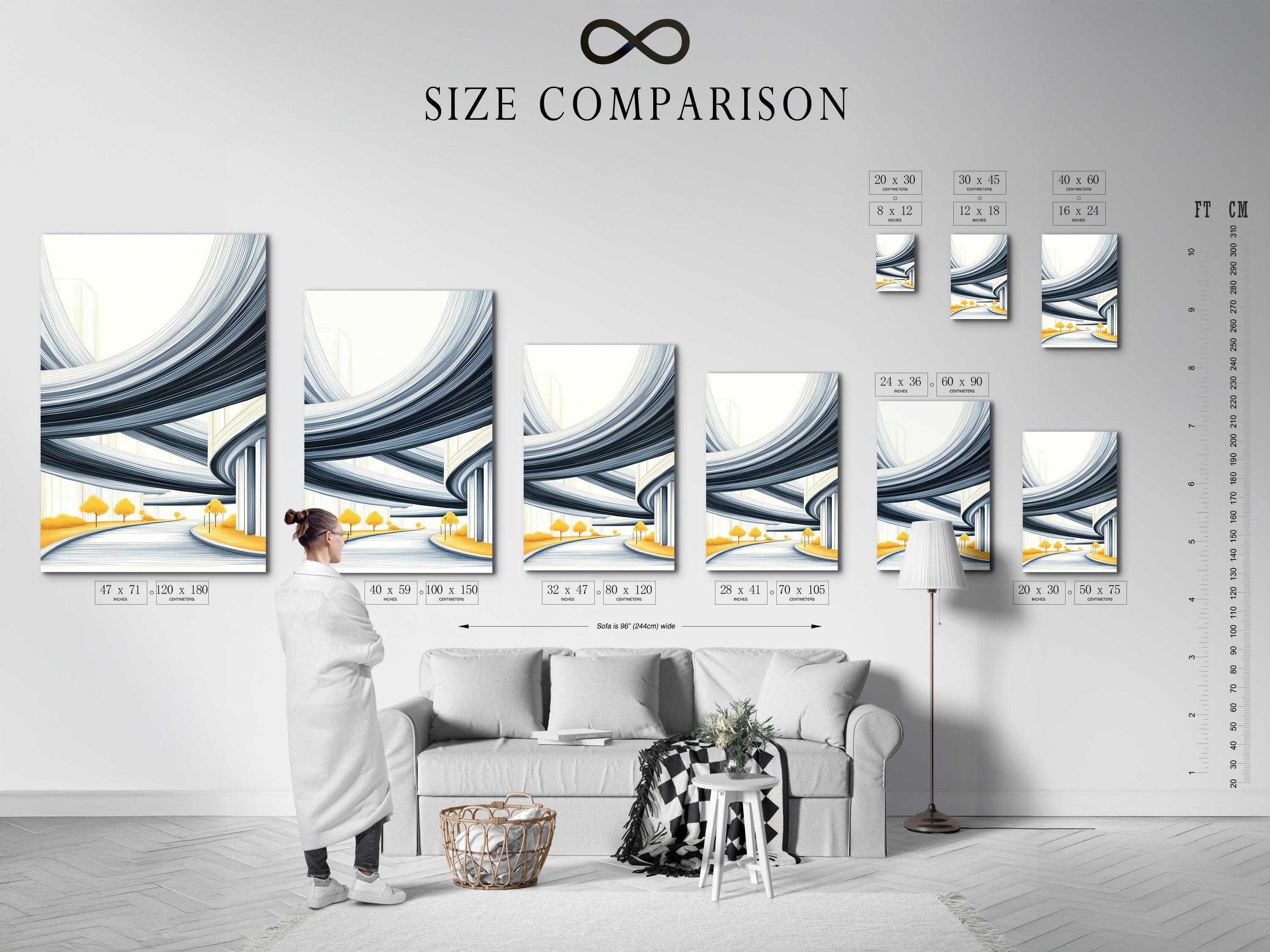 A size comparison chart helps visualize artwork in your space. See how our abstract cityscape canvas prints fit different interiors. Choose the perfect size for your living room bedroom or office. Make an informed decision with our helpful guide. Find the ideal modern wall art today.