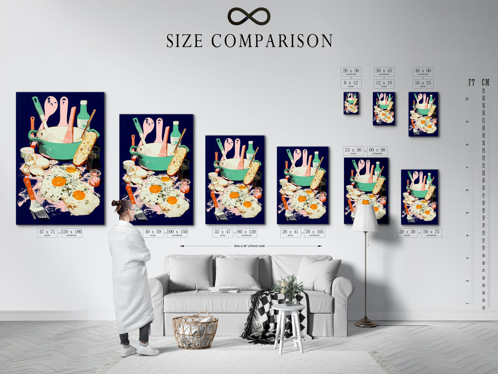 A size comparison chart in an interior setting shows Breakfast Still Life art. This kitchen art features eggs toast and utensils with pink and blue accents. See how this foodie print fits your space. Ideal for kitchen or cafe wall decor.