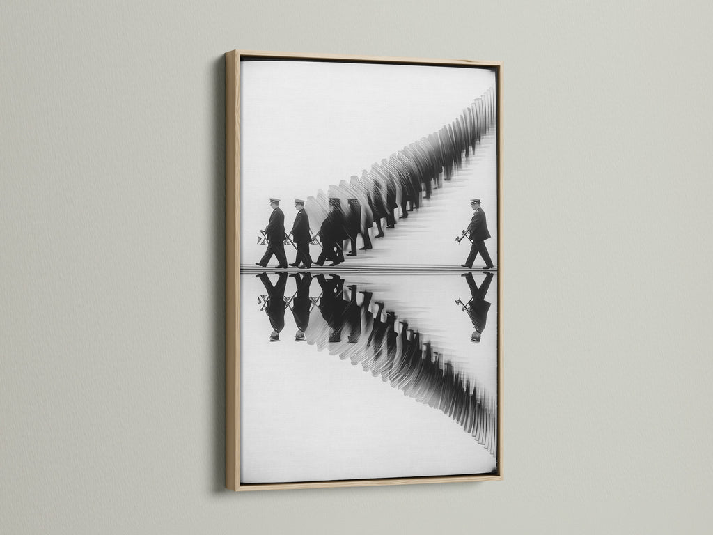 A striking marching band artwork is showcased in a natural oak frame. The black and white reflection print adds depth. Ideal for modern minimalist or urban spaces. It is perfect for office wall art study decor or music rooms. Elevate your space with this unique monochrome art.