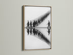 A striking marching band artwork is showcased in a natural oak frame. The black and white reflection print adds depth. Ideal for modern minimalist or urban spaces. It is perfect for office wall art study decor or music rooms. Elevate your space with this unique monochrome art.