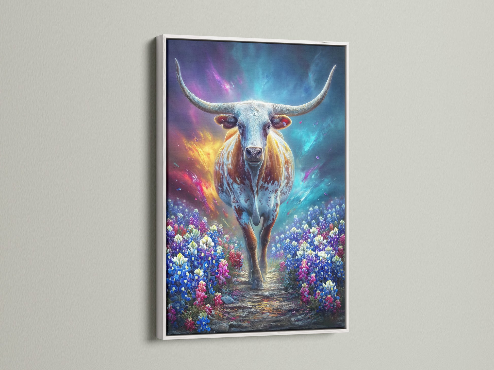 Mystical cow artwork is beautifully showcased in a white frame. The fantasy animal art adds ethereal charm to your space. This wildflower field art complements various styles. Perfect for those seeking unique wall decor. Enhance your home or office with this magical wall art.
