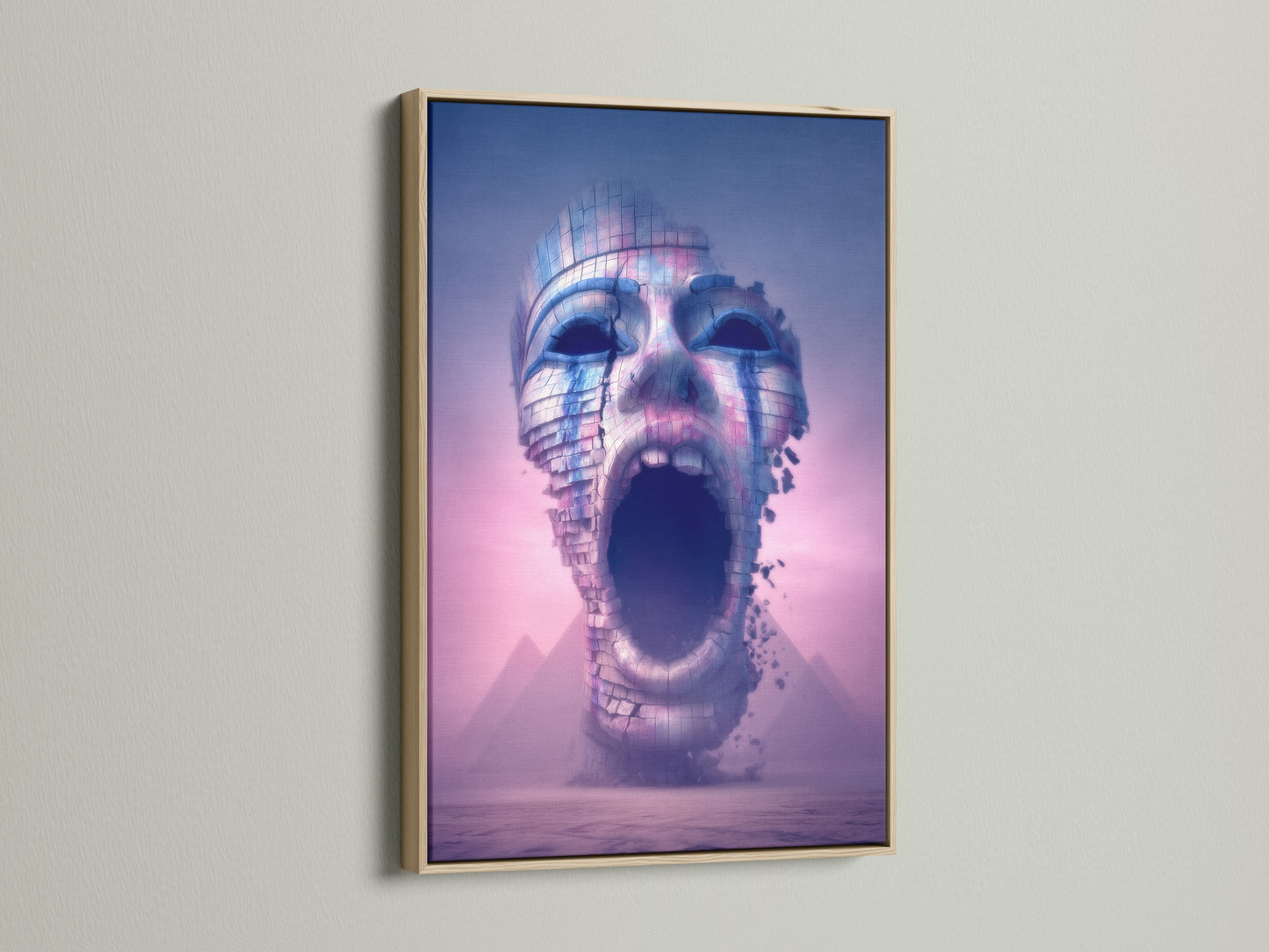 A captivating digital art print is showcased in an oak frame. The surreal wall art features a futuristic face in purple and pink tones. This modern canvas art would be a striking addition to any living space or office wall.
