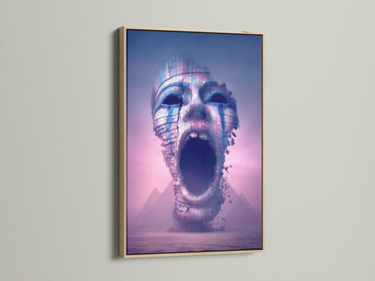 A captivating digital art print is showcased in an oak frame. The surreal wall art features a futuristic face in purple and pink tones. This modern canvas art would be a striking addition to any living space or office wall.
