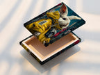 A stretched canvas print of the cyberpunk rabbit artwork is displayed. The canvas enhances the art's modern pop style. It is perfect for gaming rooms or modern offices. This stretched canvas adds a unique touch to studios. The artwork features a rabbit in a yellow jacket. It is great for urban themed decor.