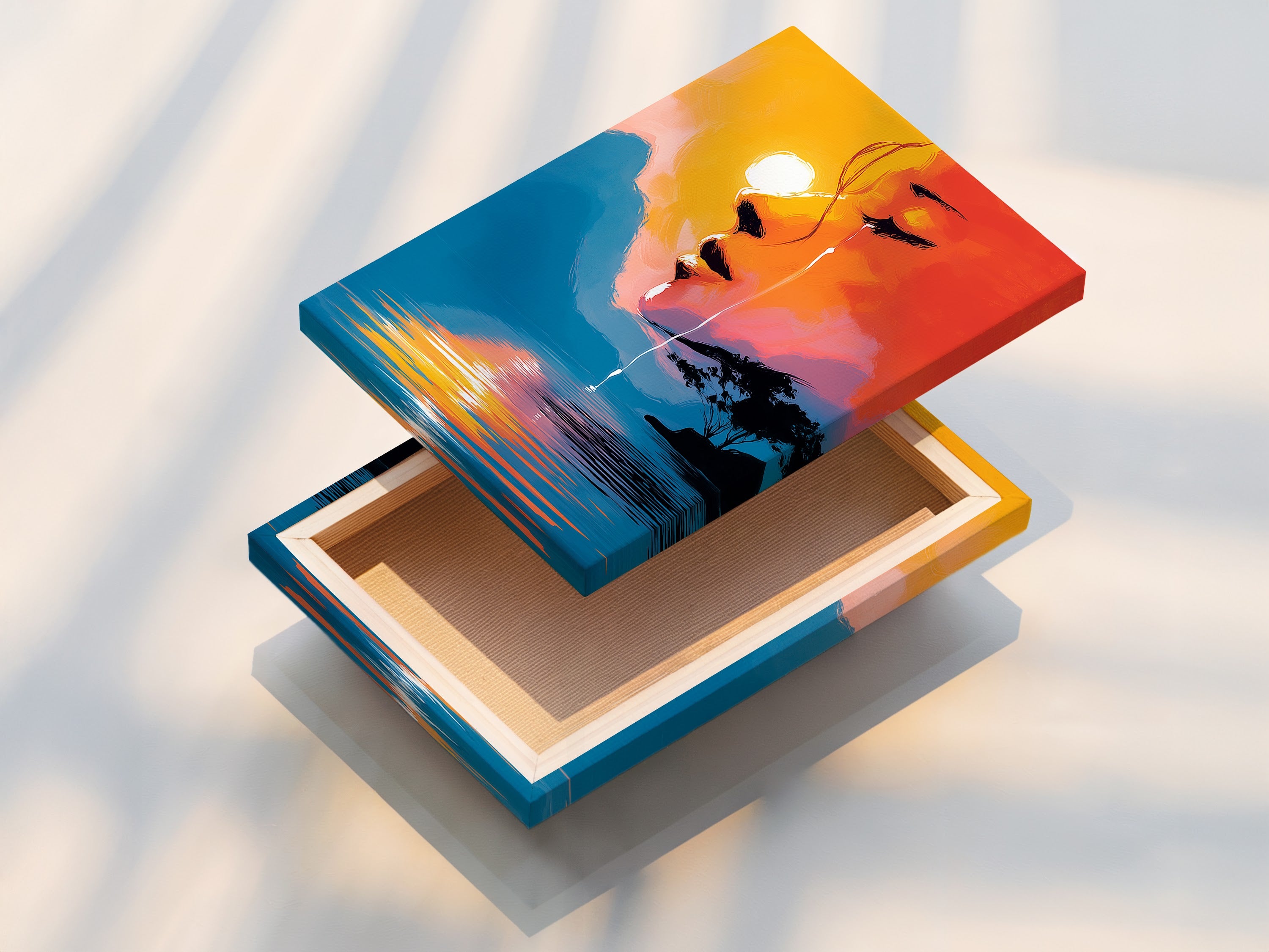 A stretched canvas print shows surreal portrait art. See the abstract face artwork with a sunset lake reflection. Perfect modern wall art for living rooms bedrooms offices and studios.