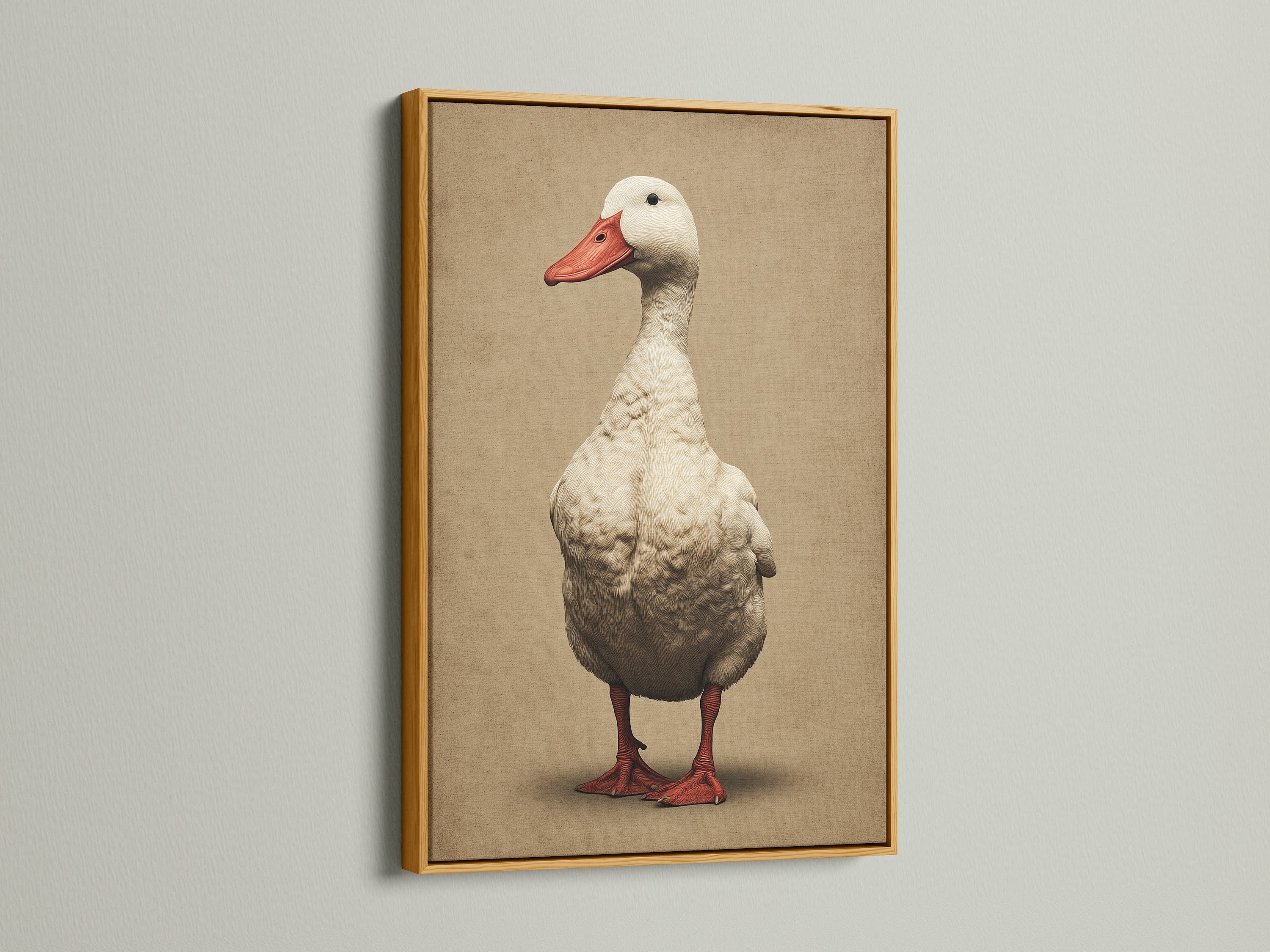 Vintage duck artwork print in a gold frame. It adds a touch of elegance to farmhouse decor. This goose art print is perfect for a rustic animal art collection. It enhances the kitchen and dining room decor.