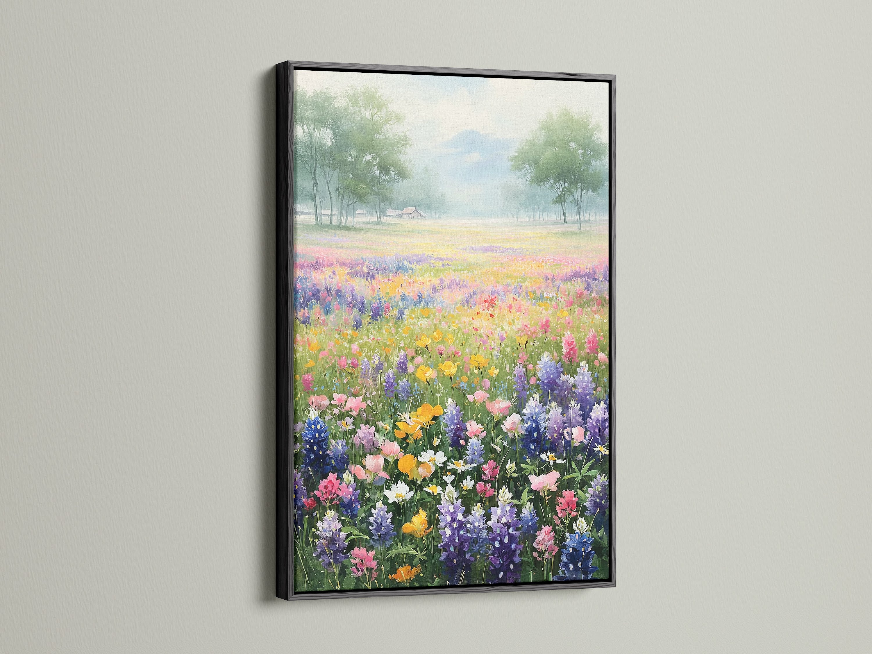 A stunning wildflower artwork is elegantly framed in black. This nature wall decor complements any interior style. A perfect prairie art print for your home. This pastoral decor is ideal for creating a serene atmosphere.
