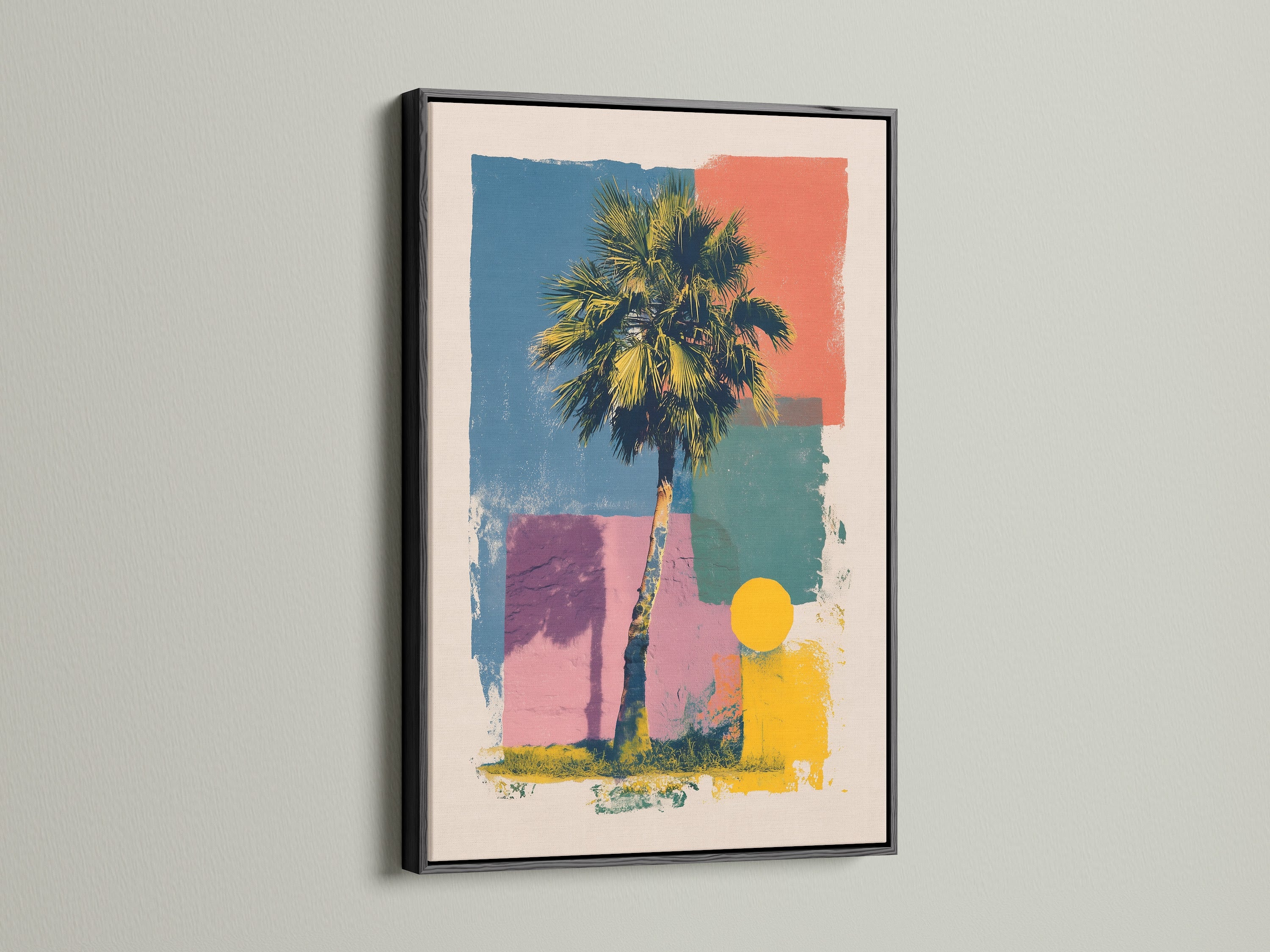 Artwork in a black frame displayed on a wall. The artwork features a palm tree and geometric shapes in a variety of colors. The black frame adds a bold and sophisticated touch. Elevate your decor with framed artwork.